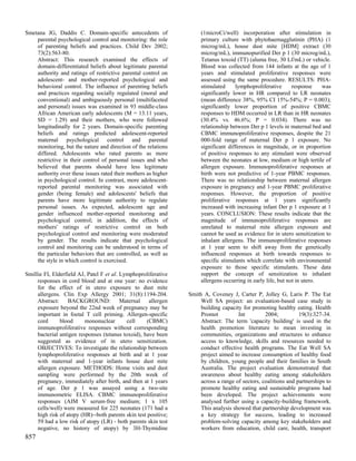 Smetana JG, Daddis C. Domain-specific antecedents of                  (1microCi/well) incorporation after stimulation in
    parental psychological control and monitoring: the role           primary culture with phytohaemagglutinin (PHA) (1
    of parenting beliefs and practices. Child Dev 2002;               microg/mL), house dust mite [HDM] extract (30
    73(2):563-80.                                                     microg/mL), immunopurified Der p 1 (30 microg/mL),
    Abstract: This research examined the effects of                   Tetanus toxoid (TT) (aluma free, 30 Lf/mL) or vehicle.
    domain-differentiated beliefs about legitimate parental           Blood was collected from 144 infants at the age of 1
    authority and ratings of restrictive parental control on          years and stimulated proliferative responses were
    adolescent- and mother-reported psychological and                 assessed using the same procedure. RESULTS: PHA-
    behavioral control. The influence of parenting beliefs            stimulated     lymphoproliferative       response    was
    and practices regarding socially regulated (moral and             significantly lower in HR compared to LR neonates
    conventional) and ambiguously personal (multifaceted              (mean difference 38%, 95% CI 15%-54%; P = 0.003);
    and personal) issues was examined in 93 middle-class              significantly lower proportion of positive CBMC
    African American early adolescents (M = 13.11 years,              responses to HDM occurred in LR than in HR neonates
    SD = 1.29) and their mothers, who were followed                   (30.4% vs. 46.6%; P = 0.034). There was no
    longitudinally for 2 years. Domain-specific parenting             relationship between Der p 1 levels in maternal bed and
    beliefs and ratings predicted adolescent-reported                 CBMC immunoproliferative responses, despite the 21
    maternal psychological control and parental                       000-fold range of maternal Der p 1 exposure. No
    monitoring, but the nature and direction of the relations         significant differences in magnitude, or in proportion
    differed. Adolescents who rated parents as more                   of positive responses to any stimulant were observed
    restrictive in their control of personal issues and who           between the neonates at low, medium or high tertile of
    believed that parents should have less legitimate                 allergen exposure. Immunoproliferative responses at
    authority over these issues rated their mothers as higher         birth were not predictive of 1-year PBMC responses.
    in psychological control. In contrast, more adolescent-           There was no relationship between maternal allergen
    reported parental monitoring was associated with                  exposure in pregnancy and 1-year PBMC proliferative
    gender (being female) and adolescents' beliefs that               responses. However, the proportion of positive
    parents have more legitimate authority to regulate                proliferative responses at 1 years significantly
    personal issues. As expected, adolescent age and                  increased with increasing infant Der p 1 exposure at 1
    gender influenced mother-reported monitoring and                  years. CONCLUSION: These results indicate that the
    psychological control; in addition, the effects of                magnitude of immunoproliferative responses are
    mothers' ratings of restrictive control on both                   unrelated to maternal mite allergen exposure and
    psychological control and monitoring were moderated               cannot be used as evidence for in utero sensitization to
    by gender. The results indicate that psychological                inhalant allergens. The immunoproliferative responses
    control and monitoring can be understood in terms of              at 1 year seem to shift away from the genetically
    the particular behaviors that are controlled, as well as          influenced responses at birth towards responses to
    the style in which control is exercised.                          specific stimulants which correlate with environmental
                                                                      exposure to those specific stimulants. These data
Smillie FI, Elderfield AJ, Patel F et al. Lymphoproliferative         support the concept of sensitization to inhalant
     responses in cord blood and at one year: no evidence             allergens occurring in early life, but not in utero.
     for the effect of in utero exposure to dust mite
     allergens. Clin Exp Allergy 2001; 31(8):1194-204.           Smith A, Coveney J, Carter P, Jolley G, Laris P. The Eat
     Abstract: BACKGROUND: Maternal allergen                          Well SA project: an evaluation-based case study in
     exposure beyond the 22nd week of pregnancy may be                building capacity for promoting healthy eating. Health
     important in foetal T cell priming. Allergen-specific            Promot          Int         2004;          19(3):327-34.
     cord      blood      mononuclear       cell     (CBMC)           Abstract: The term 'capacity building' is used in the
     immunoproliferative responses without corresponding              health promotion literature to mean investing in
     bacterial antigen responses (tetanus toxoid), have been          communities, organizations and structures to enhance
     suggested as evidence of in utero sensitization.                 access to knowledge, skills and resources needed to
     OBJECTIVES: To investigate the relationship between              conduct effective health programs. The Eat Well SA
     lymphoproliferative responses at birth and at 1 year             project aimed to increase consumption of healthy food
     with maternal and 1-year infants house dust mite                 by children, young people and their families in South
     allergen exposure. METHODS: Home visits and dust                 Australia. The project evaluation demonstrated that
     sampling were performed by the 20th week of                      awareness about healthy eating among stakeholders
     pregnancy, immediately after birth, and then at 1 years          across a range of sectors, coalitions and partnerships to
     of age. Der p 1 was assayed using a two-site                     promote healthy eating and sustainable programs had
     immunometric ELISA. CBMC immunoproliferative                     been developed. The project achievements were
     responses (AIM V serum-free medium; 1 x 105                      analysed further using a capacity-building framework.
     cells/well) were measured for 225 neonates (171 had a            This analysis showed that partnership development was
     high risk of atopy (HR)--both parents skin test positive;        a key strategy for success, leading to increased
     59 had a low risk of atopy (LR) - both parents skin test         problem-solving capacity among key stakeholders and
     negative, no history of atopy) by 3H-Thymidine                   workers from education, child care, health, transport
857
 