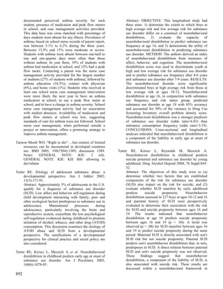 documented perceived asthma severity for each                   Abstract: OBJECTIVE: This longitudinal study had
      student, presence of medication and peak flow meters            three aims: 1) determine the extent to which boys at
      in school, and case management activities provided.             high average risk and low average risk for substance
      This data base was cross matched with percentage of             use disorder differ on a construct of neurobehavioral
      days students were absent for any illness. Prevalence of        disinhibition, 2) evaluate the capacity of
      asthma, based on school nurse records of parent report,         neurobehavioral disinhibition to predict substance use
      was between 5.1% to 6.2% during the three years.                frequency at age 16, and 3) demonstrate the utility of
      Between 13.5% and 15% were moderate or severe.                  neurobehavioral disinhibition in predicting substance
      Students with asthma were absent between one-half to            use disorder. METHOD: The authors derived an index
      one and one-quarter days more often than those                  of neurobehavioral disinhibition from measures of
      without asthma. In year three, 39% of students with             affect, behavior, and cognition. The neurobehavioral
      asthma had medication at school, and 12% had a peak             disinhibition score was used to discriminate youth at
      flow meter. Contacting a parent was the nurse case              high and low average risk for substance use disorder
      management activity provided for the largest number             and to predict substance use frequency after 4-6 years
      of students (27% of students with asthma), followed by          and substance use disorder after 7-9 years. RESULTS:
      asthma education (16.5%), contact with physician                The neurobehavioral disorder score significantly
      (6%), and home visits (1%). Students who received at            discriminated boys at high average risk from those at
      least one school nurse case management intervention             low average risk at ages 10-12. Neurobehavioral
      were more likely the next year to have an asthma                disinhibition at age 16, in conjunction with substance
      medication at school, to use a peak flow meter at               use frequency and risk status group, predicted
      school, and to have a change in asthma severity. School         substance use disorder at age 19 with 85% accuracy
      nurse case management activity had no association               and accounted for 50% of the variance in Drug Use
      with student absences. Availability of medication and           Screening Inventory overall problem density score.
      peak flow meters at school was low, suggesting                  Neurobehavioral disinhibition was a stronger predictor
      standards of care for asthma were not followed. School          of substance use disorder (odds ratio=6.83) than
      nurse case management, when performed outside a                 substance consumption frequency (odds ratio=3.19).
      project or intervention, offers a promising strategy to         CONCLUSIONS: Cross-sectional and longitudinal
      improve asthma management.                                      analyses indicated that neurobehavioral disinhibition is
                                                                      a component of the liability to early age at onset of
Tarnow-Mordi WO. "Right to die": ...but context of limited            substance use disorder.
     resources can be encountered in developed countries
     too. BMJ 2005; 330(7504):1389; discussion 1389.             Tarter RE, Kirisci L, Reynolds M, Mezzich A.
     Notes:     GENERAL     NOTE:       KIE:    2     refs.           Neurobehavior disinhibition in childhood predicts
     GENERAL NOTE: KIE: KIE Bib: allowing to                          suicide potential and substance use disorder by young
     die/infants                                                      adulthood. Drug Alcohol Depend 2004; 76 Suppl:S45-
                                                                      52.
Tarter RE. Etiology of adolescent substance abuse: a                  Abstract: The objectives of this study were to (a)
     developmental perspective. Am J Addict 2002;                     determine whether two factors that are established
     11(3):171-91.                                                    components of the risk for substance use disorder
     Abstract: Approximately 5% of adolescents in the U.S.            (SUD) also impact on the risk for suicide; and (2)
     qualify for a diagnosis of substance use disorder                evaluate whether SUD manifest by early adulthood
     (SUD). Low affect and behavior self-regulation during            predicts      suicide    propensity.     Neurobehavior
     child development interacting with family, peer and              disinhibition assessed in 227 boys at ages 10-12 and 16
     other ecological factors predisposes to substance use in         and parental history of SUD were prospectively
     adolescence.      Maturational     processes     during          evaluated to determine their association with the risk
     adolescence, particularly involving the brain and                for SUD and suicide propensity between ages 16 and
     reproductive system, exacerbate the low psychological            19. The results indicated that neurobehavior
     self-regulation evidenced during childhood to promote            disinhibition at age 16 predicts suicide propensity
     initiation of alcohol, tobacco, and other drug (ATOD)            between ages 16 and 19 (p = .04). A trend was
     consumption. This discussion examines the etiology of            observed (p = .08) for SUD manifest between ages 16
     ATOD abuse and SUD from a developmental                          and 19 to predict suicide propensity during the same
     perspective. The ramifications of a developmental                period. Maternal SUD is directly associated with son's
     perspective for clinical practice and social policy are          SUD risk but not suicide propensity. Paternal SUD
     also considered.                                                 predicts son's neurobehavior disinhibition that, in turn,
                                                                      predisposes to SUD. A direct relation between paternal
Tarter RE, Kirisci L, Mezzich A et al. Neurobehavioral                SUD and son's suicide propensity was not observed.
     disinhibition in childhood predicts early age at onset of        These      findings   suggest    that    neurobehavior
     substance use disorder. Am J Psychiatry 2003;                    disinhibition, a component of the liability of SUD, is
     160(6):1078-85.                                                  also associated with suicide risk. These results are
                                                                      discussed within a neurobehavioral framework in
892
 