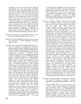 percentage of new cases of AD between follow-up                21.76)) vaccination. Furthermore, each 1-year increase
      questionnaires, out of the total number of children            in age increased the chance of receiving influenza or
      whose parents had not reported that they had AD by             pneumococcal vaccination by 22% (OR = 1.22 (1.09-
      the time of the previous follow-up. RESULTS: Period            1.67) and 29% (OR = 1.29 (1.07-1.72)), respectively.
      prevalence of 21.0%, 25.6%, 23.2% and 19.9% were               CONCLUSIONS: Vaccination rates in these diabetic
      observed at ages 0-6, 6-18, 18-30 and 30-42 months,            patients are unsatisfactory. Secondary care health
      respectively. The corresponding incidence risks were           professionals might increase rates by raising the topic
      21.0%, 11.2% and 3.8%, at 0-6, 6-18 and 18-30                  in consultations. Diabet. Med. 18, 599-603 (2001)
      months, respectively. There were no gender differences
      in either the incidence or prevalence of the disease.     Wainryb C, Brehl BA, Matwin S. Being hurt and hurting
      CONCLUSIONS: Results from this large, prospective             others: children's narrative accounts and moral
      study are consistent with recent reports of increased         judgments of their own interpersonal conflicts. Monogr
      incidence and prevalence of AD. Health planners can           Soc      Res    Child     Dev      2005;     70(3):1-114.
      use our estimates of incidence and prevalence to              Abstract: Children's narrative accounts and moral
      project the number of children likely to suffer from AD       evaluations of their own interpersonal conflicts with
      during infancy and early childhood, and thus to               peers were examined. Girls and boys (N = 112) in
      determine the human and financial resources required.         preschool (M= 4.8 years), first grade (M = 6.9 years),
                                                                    fifth grade (M = 10.9 years), and tenth grade (M = 16.2
Wagner M. Midwifery and international maternity care.               years) provided one narrative of a time when they had
    Midwifery Today Int Midwife 2005; (75):12-3.                    been hurt by a peer ("victim"), and one of a time when
                                                                    they had hurt a peer ("perpetrator"). Victim and
Wagner RS. Inflicted childhood neurotrauma: new name and            perpetrator narratives were equally long and detailed
    new information. J Pediatr Ophthalmol Strabismus                and depicted similar types of harmful behaviors, but
    2004; 41(2):79.                                                 differed significantly in terms of various measures of
                                                                    content and coherence. Narratives given from the
Wahid ST, Nag S, Bilous RW, Marshall SM, Robinson AC.               victim's perspective featured a self-referential focus
    Audit of influenza and pneumococcal vaccination                 and a fairly coherent structure. When the same children
    uptake in diabetic patients attending secondary care in         gave accounts of situations in which they had been the
    the Northern Region. Diabet Med 2001; 18(7):599-603.            perpetrators, their construals were less coherent and
    Abstract: AIMS: To document uptake of influenza and             included multiple shifts between references to their
    pneumococcal vaccination in diabetic patients                   own experience and the experience of the other.
    attending secondary care in the Northern Region, and            Children's moral judgments also varied by perspective,
    to explore influencing factors. METHODS: Diabetic               with the majority of victims making negative
    patients attending out-patients in Middlesbrough,               judgments and nearly half the perpetrators making
    Gateshead and Newcastle were questioned from                    positive or mixed judgments. These differences in
    October 1999 to March 2000. Physicians inquired                 moral judgments were related to the distinct ways in
    about influenza and pneumococcal vaccination status             which victims and perpetrators construed conflict
    using a standardized questionnaire. Data collected              situations. Age differences were also found in both
    included age, year of diagnosis, duration of diabetes,          narrative construals and moral evaluations, but
    type of diabetes, and the presence of other recognized          regardless of their age children construed conflict
    indications for vaccination. RESULTS: Two hundred               situations differently from the victim's and the
    and sixty-eight diabetic patients, 42% (113/268) with           perpetrator's perspectives. By integrating, within the
    Type 1 diabetes, 34% (91/268) with ischaemic heart              study of moral development, children's interpretations
    disease, 10% (26/268) with chronic pulmonary disease            of the social interactions that are at the basis of moral
    (CPD) and 10% (27/268) with chronic renal disease,              thinking, this approach brings us a step closer to
    were questioned. Thirty-five percent (93/268) of                conceptualizing the study of children's moral behavior.
    patients received both influenza and pneumococcal
    vaccines, 24% (64/268) received only influenza              Waisman Y, Aharonson-Daniel L, Mor M, Amir L, Peleg K.
    vaccine, and none received pneumococcus vaccine                 The impact of terrorism on children: a two-year
    alone. Most vaccinees received advice about influenza           experience. Prehospital Disaster Med 2003; 18(3):242-
    and pneumococcal vaccination from their general                 8.
    practitioner (90% (142/157) and 87% (81/93),                    Abstract: OBJECTIVES: To review and analyze the
    respectively). A large number of non-vaccinees were             cumulative two-year, Israeli experience with medical
    unaware of the need for influenza and pneumococcal              care for children victims of terrorism during the
    vaccination (69% (76/111) and 91% (159/175),                    prehospital and hospital phases. METHODS: Data
    respectively). Using multiple logistic regression co-           were collected from the: (1) Magen David Adom
    existing CPD increased the odds of receiving influenza          National Emergency Medical System Registry
    (odds ratio (OR) (95% confidence interval (CI)) = 1.99          (prehospital phase); (2) medical records from the
    (1.07-14.12)) or pneumococcal (OR = 3.77 (1.69-                 authors' institutions (pediatric triage); and (3) Israel
                                                                    Trauma Registry (injury characteristics and utilization
929
 
