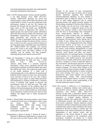 local child maltreatment specialists who understand the          52.
      local legal interpretations and resources.                       Abstract: In the interest of more systematically
                                                                       documenting the early signs of autism, and of testing
Zink T, Sill M. Intimate partner violence and job instability.         specific hypotheses regarding their underlying
     J Am Med Womens Assoc 2004; 59(1):32-5.                           neurodevelopmental substrates, we have initiated a
     Abstract: OBJECTIVE: Research has shown that                      longitudinal study of high-risk infants, all of whom
     intimate partner violence (IPV) affects the physical and          have an older sibling diagnosed with an autistic
     mental health of victims. It can also compromise work             spectrum disorder. Our sample currently includes 150
     performance, leading to job loss. We explored the                 infant siblings, including 65 who have been followed to
     potential link between job loss and IPV as part of a              age 24 months, who are the focus of this paper. We
     larger study on IPV and health care. METHODS:                     have also followed a comparison group of low-risk
     Thirty-two mothers in Midwestern IPV shelters or                  infants. Our measures include a novel observational
     support groups were interviewed to gather information             scale (the first, to our knowledge, that is designed to
     about their abuse histories, health care experiences, and         assess autism-specific behavior in infants), a
     demographic characteristics. Interviews were audio                computerized visual orienting task, and standardized
     taped, transcribed, and reviewed for themes.                      measures of temperament, cognitive and language
     RESULTS: Half of participants had lost jobs because               development. Our preliminary results indicate that by
     of IPV. Reasons included: the abuser told the victim to           12 months of age, siblings who are later diagnosed
     quit, in order to be safe, excessive absences because of          with autism may be distinguished from other siblings
     covering up the abuse, and health issues exacerbated by           and low-risk controls on the basis of: (1) several
     IPV. CONCLUSION: Job instability was common                       specific behavioral markers, including atypicalities in
     among IPV victims in this study. Although this study              eye contact, visual tracking, disengagement of visual
     did not address cause and effect, evidence of job                 attention, orienting to name, imitation, social smiling,
     instability may be another "red flag symptom"                     reactivity, social interest and affect, and sensory-
     indicating that providers should screen for IPV.                  oriented behaviors; (2) prolonged latency to disengage
                                                                       visual attention; (3) a characteristic pattern of early
Zipitis CS, Paschalides C. Caring for a child with spina               temperament, with marked passivity and decreased
      bifida: understanding the child and carer. J Child               activity level at 6 months, followed by extreme distress
      Health          Care          2003;          7(2):101-12.        reactions, a tendency to fixate on particular objects in
      Abstract: Spina bifida is a common congenital                    the environment, and decreased expression of positive
      abnormality, which causes significant physical and               affect by 12 months; and (4) delayed expressive and
      psychological morbidity in affected children and which           receptive language. We discuss these findings in the
      also affects their carers. This small-scale study looked         context of various neural networks thought to underlie
      at the health problems of a child with a                         neurodevelopmental abnormalities in autism, including
      myelomeningocoele. It also addresses the psychosocial            poor visual orienting. Over time, as we are able to
      problems that his mother, his main carer, faced and the          prospectively study larger numbers and to examine
      social networks involved in his care. The evidence               interrelationships among both early-developing
      supporting various aspects of spina bifida prevention            behaviors and biological indices of interest, we hope
      and management is explored. Furthermore, a literature            this work will advance current understanding of the
      review is included, with regards to physical and                 neurodevelopmental origins of autism.
      psychological issues for child and carer. This study
      aims to raise awareness of the problems faced by            Zwick EB, Leistritz L, Milleit B et al. Classification of
      children with myelomeningocoele and their families. In          equinus in ambulatory children with cerebral palsy-
      particular, we aim to educate health care professionals         discrimination between dynamic tightness and fixed
      on the importance of perceived stress by carers of such         contracture. Gait Posture 2004; 20(3):273-9.
      children, and suggest ways to reduce psychosocial               Abstract: In this study a generalised dynamic neural
      morbidity.                                                      network (GDNN) was designed to process gait analysis
                                                                      parameters to evaluate equinus deformity in
Zoloth L. Nursing father and nursing mothers: notes toward            ambulatory children with cerebral palsy. The aim was
     a distinctive Jewish view of reproductive ethics. Annu           to differentiate dynamic calf muscle tightness from
     Soc       Christ     Ethics      2001;      21:325-37.           fixed muscle contracture. Patients underwent clinical
     Notes: GENERAL NOTE: KIE: Zoloth, Laurie                         examination and had instrumented gait analysis before
     GENERAL            NOTE:        KIE:       24       fn.          evaluating their equinus under anaesthesia and muscle
     GENERAL NOTE: KIE: KIE Bib: bioethics;                           relaxation at the time of surgery to improve gait. The
     contraception; reproduction                                      performance of the clinical examination, the subjective
                                                                      interpretation of gait analysis results, and the
Zwaigenbaum L, Bryson S, Rogers T, Roberts W, Brian J,                application of the neural network to assess ankle
    Szatmari P. Behavioral manifestations of autism in the            function were compared to the examination under
    first year of life. Int J Dev Neurosci 2005; 23(2-3):143-         anaesthesia. Evaluation of equinus by a Neural
                                                                      Network showed high sensitivity and specificity values
977
 