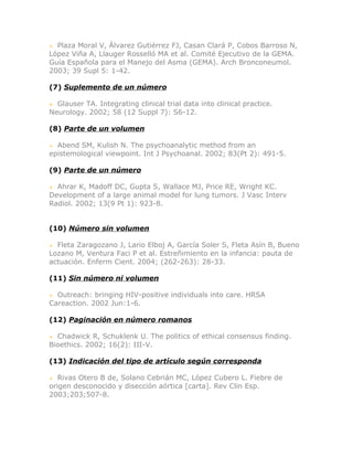 Plaza Moral V, Álvarez Gutiérrez FJ, Casan Clará P, Cobos Barroso N,
López Viña A, Llauger Rosselló MA et al. Comité Ejecutivo de la GEMA.
Guía Española para el Manejo del Asma (GEMA). Arch Bronconeumol.
2003; 39 Supl 5: 1-42.

(7) Suplemento de un número

  Glauser TA. Integrating clinical trial data into clinical practice.
Neurology. 2002; 58 (12 Suppl 7): S6-12.

(8) Parte de un volumen

  Abend SM, Kulish N. The psychoanalytic method from an
epistemological viewpoint. Int J Psychoanal. 2002; 83(Pt 2): 491-5.

(9) Parte de un número

  Ahrar K, Madoff DC, Gupta S, Wallace MJ, Price RE, Wright KC.
Development of a large animal model for lung tumors. J Vasc Interv
Radiol. 2002; 13(9 Pt 1): 923-8.


(10) Número sin volumen

  Fleta Zaragozano J, Lario Elboj A, García Soler S, Fleta Asín B, Bueno
Lozano M, Ventura Faci P et al. Estreñimiento en la infancia: pauta de
actuación. Enferm Cient. 2004; (262-263): 28-33.

(11) Sin número ni volumen

  Outreach: bringing HIV-positive individuals into care. HRSA
Careaction. 2002 Jun:1-6.

(12) Paginación en número romanos

  Chadwick R, Schuklenk U. The politics of ethical consensus finding.
Bioethics. 2002; 16(2): III-V.

(13) Indicación del tipo de artículo según corresponda

   Rivas Otero B de, Solano Cebrián MC, López Cubero L. Fiebre de
origen desconocido y disección aórtica [carta]. Rev Clin Esp.
2003;203;507-8.
 