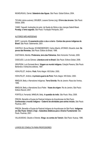 MUNDURUKU, Daniel. Sabedoria das Águas. São Paulo: Global Editora, 2004.
TICUNA (vários autores); GRUBER, Jussara Gomes (org). O livro das árvores. São Paulo:
Global, 2000.
YAMÃ, Yaguarê; ilustrações do autor, de Queila da Glória e das crianças Saterê Mawé.
Puratig: o remo sagrado. São Paulo: Fundação Peirópolis, 2001
AUTORES NÃO-INDÍGENAS
BOFF, Leonardo. O casamento entre o céu e a terra - Contos dos povos indígenas do
Brasil. São Paulo: Salamandra, 2001.
CANTELE, Bruna Renata; SCHNEEBERGER, Carlos Alberto; AFONSO, Eduardo José. Os
povos das florestas. São Paulo: Editora do Brasil, 1998.
CASTANHA, Marilda. Pindorama, terra das Palmeiras. Belo Horizonte: Formato, 2000.
CASCUDO, Luís da Câmara. Literatura oral no Brasil. São Paulo: Editora Global, 2006.
GRUPIONI, Luís Donisete Benzi. Viagem ao mundo indígena. Coleção Pawana, São Paulo:
Berlendis e Vertecchia editores, 1997.
HOHLFELDT, Antônio. Porã. Porto Alegre: WS Editor, 2000.
HOHLFELDT, Antônio. A primeira guerra de Porã. Porto Alegre: WS Editor, 2000.
MINDLIN, Betty; e Narradores Indígenas. Terra Grávida. Rio de Janeiro: Rosa dos Ventos,
1999.
MINDLIN, Betty; e Narradores Surui Paiter. Vozes de origem. Rio de Janeiro, São Paulo:
Editora Record, 2007.
PORTELA, Fernando; MINDLIN, Betty. A questão do índio. São Paulo: Ática, 2008.
PREZIA, Benedito e Equipe da Pastoral Indígena da Arquidiocese de São Paulo.
Conhecendo o mundo indígena – Caderno de atividades para séries iniciais. São Paulo:
Paulinas, 2001.
PREZIA, Benedito e Equipe da Pastoral Indígena da Arquidiocese de São Paulo. Indígenas
em São Paulo: Ontem e hoje – Subsídios didáticos para o Ensino Fundamental. São
Paulo: Paulinas, 2001.
VILLAS-BOAS, Cláudio e Orlando. Xingu: os contos do Tamoin. São Paulo: Kuarup, 1986.
LIVROS DE CONSULTA PARA PROFESSORES
 