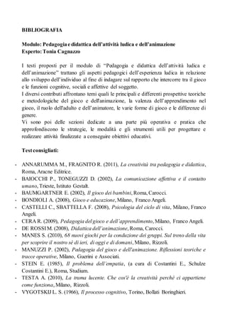 BIBLIOGRAFIA
Modulo: Pedagogiae didattica dell’attività ludica e dell’animazione
Esperto:Tonia Cagnazzo
I testi proposti per il modulo di “Pedagogia e didattica dell’attività ludica e
dell’animazione” trattano gli aspetti pedagogici dell’esperienza ludica in relazione
allo sviluppo dell’individuo al fine di indagare sul rapporto che intercorre tra il gioco
e le funzioni cognitive, sociali e affettive del soggetto.
I diversi contributi affrontano temi quali le principali e differenti prospettive teoriche
e metodologiche del gioco e dell'animazione, la valenza dell’apprendimento nel
gioco, il ruolo dell'adulto e dell’animatore, le varie forme di gioco e le differenze di
genere.
Vi sono poi delle sezioni dedicate a una parte più operativa e pratica che
approfondiscono le strategie, le modalità e gli strumenti utili per progettare e
realizzare attività finalizzate a conseguire obiettivi educativi.
Testconsigliati:
- ANNARUMMA M., FRAGNITO R. (2011), La creatività tra pedagogia e didattica,
Roma, Aracne Editrice.
- BAIOCCHI P., TONEGUZZI D. (2002), La comunicazione affettiva e il contatto
umano, Trieste, Istituto Gestalt.
- BAUMGARTNER E. (2002), Il gioco dei bambini, Roma, Carocci.
- BONDIOLI A. (2008), Gioco e educazione, Milano, Franco Angeli.
- CASTELLI C., SBATTELLA F. (2008), Psicologia del ciclo di vita, Milano, Franco
Angeli.
- CERA R. (2009), Pedagogia delgioco e dell’apprendimento, Milano, Franco Angeli.
- DE ROSSIM. (2008), Didattica dell’animazione, Roma, Carocci.
- MANES S. (2010), 68 nuovi giochi per la conduzione dei gruppi. Sul treno della vita
per scoprire il nostro sé di ieri, di oggi e di domani, Milano, Rizzoli.
- MANUZZI P. (2002), Pedagogia del gioco e dell'animazione. Riflessioni teoriche e
tracce operative, Milano, Guerini e Associati.
- STEIN E. (1985), Il problema dell’empatia, (a cura di Costantini E., Schulze
Costantini E.), Roma, Studium.
- TESTA A. (2010), La trama lucente. Che cos'è la creatività perché ci appartiene
come funziona, Milano, Rizzoli.
- VYGOTSKIJ L. S. (1966), Il processo cognitivo, Torino, Bollati Boringhieri.
 