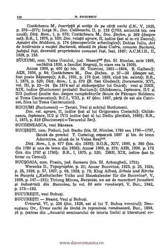 130 N. STOICESCU
Costächescu M., Inscriptii i notite de pe carti vechi (I.N., V, 1925,
p. 276-277); Iorga N., Doc. Callimachi, II, p. 133 (1763, amintia bis. cea
nouä); Dict. Rom., I, p. 670; Costdchescu M., Doc. $tefan, p. 268 (despre
sat); B.R., I, 1875, P. 520; Doc. relatii agrare, II, indice (sat al m-rii Dancu);._
Asezeiri din Moldova, p. 174 (descoperirile arheologice); Doblas Iuliu, Act
de hottirnicie a moOei Buciumii, situatti in plasa Codru, comuna Buciumi,
judetul la§i, devenitil proprietatea comunei /asi, Iasi, 1887; A.C.M.I.B.,
1928, p. 153.
BUCIUMI, com. Valea Ursului, jud. Neamf09 (bis. Sf. Nicolae, ante 1809,
reclaclità. 1830, a familiei Negruti, In stare rea la 1909).
Anuar 1909, p. 400 <si bis. Sf. Voievozi, 1801-1804, B. Galbeni);
AER, 1936, p. 84; Costicheseu M., Doc. ?Ulan, p. 37-38 (despre sat,
fast poate Rapezesti); A.B., 1931, p. 176 (cat. 1809, cind bis. exista); B.R.,
I, 1875, p. 520; Dict. Rom., I, p. 670 (B. fost Glodeni); Documente, XVI,
vol. III, p. 33-34 (la 1574 sat al strAnepotilor lui Onica); vezi i DRH,
XIX, indice (Buciumeni probabil Buciumi); Ghibanescu, Ispisoace, II/1
11/2 (indice) (multe doc. despre cumpäräturile fäcute de Pätrasco Boldescu
si Torna Cantacuzino); B.C.I., VIII, p. 47 (doc. 1667, pArti de sat ale Catri-
nel, fiica lui Toma Cantacuzino).
BUCIUMI (Buciumeni) Tecuci. Vezi i schitul Buciumeni.
Doc. rel. agrare, II, indice (sat al lui Grigorascu Costachi); Ghibà-
nescu, Ispisoace, 11/2 i IV/1 indice (sat al lui Dediu pircalab, 1686); B.R.,
I, 1875, p. 519 (BuciumestiTecucelul Sec).
BUCSENEASCA, vezi Bdneasa.
BUC*ETI, com. Poduri, jud. Bacau (bis. Sf. Nicolae, 1780 sau 1790-1797
facutä de preotul T. Corsciug, reparatä 1897 i bis. de lemn
Adormirea, adusd de la Valea Rea)210.
Dic. Rom, I, p. 677 (bis. din 1839); B.O.R., XIV, 1890, p. 380 (bis..
din 1780 i una de lemn din 1856); Anuar 1909, p. 379; AER, 1936. p. 172
(bis. din 1797 si 1790); B.R., I, 1875, p. 520; DRH, XIX, indice (sat in
hotar cu Cernul).
BUC,SOAIA, com. Frasin? jud. Suceava (bis. Sf. Arhangheli, 1751).
Werenka D., Topographie, p. 21; Anuar Bucovina, 1923, p. 25, 1924,
p. 25, 1926, p. 57, 1927, p. 68, 1928, P. 79; Klug Alfred, Schule und Kirche
in Bucsoia (Katholischer Volks und Hauskalender fiir die Bucovina", V,
1938, p. 147-151); Tiriung Mircea, Bumaia, un sat de muncitori forestieri
.,si industriali din Bucovina, In vol. 60 sate romtlnegi, V, Buc., 1942,,
p. 173-183.
BUCURE*TI, vezi Buhusi.
BUCURESTI Neamt. Vezi si Buhusi.
Uricaru/, VI, p. 236 (doc. 1828, sat al lui T. Buhus vornicul); Den-
susianu Ov., Urme vechi de limbd in toponimia româneased, Buc., 1898,
16 p. (extras din Anuarul seminarului de istoria limbii i literaturei ro-
www.dacoromanica.ro
 