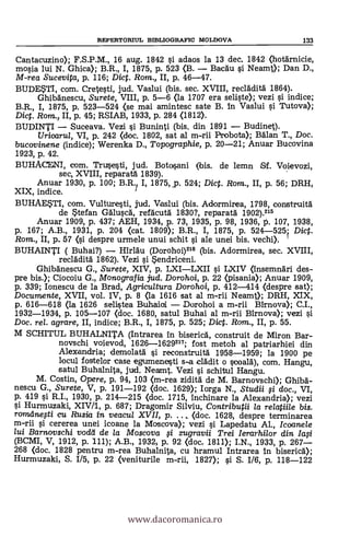 REPERTORSUL BIBLIOGRAFIC MOLDOVA 133
Cantacuzino); F.S.P.M., 16 aug. 1842 si adaos la 13 dec. 1842 (hofärnicie,
mosia lui N. Ghica); B.R., I, 1875, p. 523 (B. - Bacdu si Neamt); Dan D.,
M-rea Sucevita, p. 116; Dicp. Rom, II, p. 46-47.
BUDE$T1, com. Cretesti, jud. Vaslui (bis. sec. XVIII, reclädità 1864).
Ghibanescu, Surete, VIII, p. 5-6 <la 1707 era seliste); vezi si indice;
B.R., I, 1875, p. 523-524 (se mai amintesc sate B. in Vaslui si Tutova);
Dict. Rom., II, p. 45; RSIAB, 1933, p. 284 (1812).
BUDINTI - Suceava. Vezi si Buninti (bis. din 1891 - Budinet).
Urioarul, VI, p. 242 <doc. 1802, sat al m-rii Probota); ifälan T., Doc.
bucovinene (indice); Werenka D., Topographie, p. 20-21; Anuar Bucovina
1923, p. 42.
BUHACENI, com. Trusesti, jud. Botosani (bis. de lemn 191. Voievozi,
sec, XVIII, reparatd 1839).
Anuar 1930, p. 100; B.R. I, 1875,,p. 524; Dict. Rom., II, p. 56; DRH,
XIX, indice.
BUHAESTI, com. Vulturesti, jud. Vaslui (bis. Adormirea, 1798, eonstruitä
de *tefan Galuscä, refacutä 1830?, reparatä 1902).215
Anuar 1909, p. 437; AEH, 1934, p. 73, 1935, p. 98, 1936, P. 107, 1938,
p. 167; A.B., 1931, p. 204 <cat. 1809); B.R., I, 1875, p. 524-525; Dict.
Rom., II, p. 57 (si despre urmele unui schit si ale unei bis. vechi). '
BUHAINTI ( Buhai?) - Hirldu (Dorohoi)215 (bis. Adormirea, sec. XVIII,
recläditä 1862). Vezi si Sendriceni.
Ghibänescu G., Surete, XIV, p. LXI-LXII s'i. LXIV <insemnäri des-
pre bis.); Ciocoiu G., Monografia jud. Dorohoi, p. 22 (pisania); Anuar 1909,
p. 339; Ionescu de la Brad, Agricultura Dorohoi, p. 412-414 <despre sat);
Documente, XVII, vol. IV, p. 8 (la 1616 sat al m-rii Neamt); DRH, XIX,
p. 616-618 (la 1626 selistea Buhaioi - Dorohoi a m-rii Birnova); C.I.,
1932-1934, p. 105-107 (doc. 1680, satul Buhai al m-rii Birnova); vezi si
Doc. rel. agrare, II, indice; B.R., I, 1875, p. 525; Dict. Rom., II, p. 55.
M SCHITUL BUHALNITA (Intrarea in bisericd, construit de Miron Bar-
novschi voievod, 1626-1629217; fost metoh al patriarhiei din
Alexandria; demolatd si reconstruitä 1958-1959; la 1900 pe
locul fostelor case egumenesti s-a clädit o scoalä), com. Hangu,
satul Buhalnita, jud. Neamt. Vezi si schitul Hangu.
M. Costin, Opere, p. 94, 103 <m-rea ziditä de M. Barnovschi); Ghibd-
nescu G., Surete, V, p. 191-192 (doc. 1629); Iorga N., Studii f i doc., VI,
p. 419 s'i R.I., 1930, p. 214-215 (doc. 1715, inchinare la Alexandria); vezi
si Hurmuzaki, XIV/1, p. 687; Dragomir Silviu, Contributii la relatiile bis.
roradnegi cu Rusia in veacul XVII, p. .. ), <doc. 1628, despre terminarea
m-rii si cererea unei icoane la Moscova); vezi si Lapedatu Al., Icoanele
lui Barnovschi vodd de la Moscova f i zugravii Trei Ierarhilor din /afi
(BCMI, V, 1912, p. 111); A.B., 1932) p. 92 (doc. 1811); I.N., 1933, p. 267-
268 <doc. 1828 pentru m-rea Buhalnita, cu hramul Intrarea in bisericä);
Hurmuzaki, S. 1/5, p. 22 (veniturile m-rii, 1827); si S. IX, p. 118-122
www.dacoromanica.ro
 