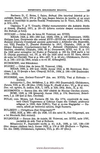 Berlescu D., C. Botez, I. Saizu, Buhwi. Din istoricul fabricii i lo-
Bacau, 1971, 374 p. (Pe larg despre fabrica de textile; i un scurt
istoric al localitatii in partea finará). Prezentarea lui D. Vitcu, ANAL 1972,
p. 572.-574;
Cdpitanu V. si V. Ursachi, Ghidul monumentelor din judetele Bactiu
fi Neamt, (Bacdu), 1971, P. 29-31 (citeva cuvinte despre monumentele
din Buhusi; si foto).
BUICANI Orhei (bis. de lemn Sf. Voievozi, sec. XVIII).
RSIAB, 1929, p. 355-356 (cat. 1820), 1934, p. 108 Onsemnare, 1825);
Halippa loan, Documente din veacu/ XVIIXVIII-lea referitoare la mosia
Buicani (Operele Comisiunii savante guberniale a Arhivelor din Basarabia,
vol. VII); Pamfile T., Tinutul Hotinului la 1817, Chisindu, 1920, p. 28
Buicani); Constantinescu-Iasi P., Buicanii Chisindu/ui. Istoricul,
biserioa, cimitirul, Chisindu, 1935, 33 p.; Documente, XVII, vol. II, p. 171
(la 1608 satul urmasilor lui Hodco si Parasca), p. 182 0.a 1608 parte a lui
D. Chiritd postelnic); vol. IV, p. 470 (la 1620 satul m-ril Si. Saya, ddruit
de sotia lui Chiritd); Vezi si p. 466-467; V, p. 40 etc.; Ghibänescu, Surete,
X, p. 195-213 (la 1800, mosia a m-rii Sf. Arhangheli.).
BUIMACENI, vezi Bdimäceni.
BUJORU Orhei (bis. de lemn Sf. Voievozi, 1780).
RSIAB, 1930, p. 209 (cat. 1820); Anuar 1922, p. 88; Bezviconi, Bale-
rimea, I, p. 72 (mole a fam. Chescu); B.O.R., 1934, p. 194-196 (insemndri
1794-1803).
BUJORENI, com. Zorleni-Tutova218 (bis. sec. XVIII). Vezi i Slobozia
Zorleni.
Antonovici I., Doc. birlddene, I, p. 362-363 Onsemndri); Ghibdnescu,
Surete, VIII, p. 36-38 (doc. 1705); Iorga N., Studii i doc., VI, p. 30 si urm;
Doc. rel. agrare, II, indice; B.R., I, 1875, p. 526; Dict. Rom., II, p. 62.
BUJOROVCA Soroca (bis. din 1827 cládita de Nicolae Cerchez clucer).
BCMI, 1929, p. 138 (pisania); Anuar 1922, p. 174; Bezviconi, Boieri-
mea, I, p. 190 (sat al fam. Cerchez).
BULAI, com. Moara, jud. Suceava (M. bis. din 1774, construità de mes-
terii Chiril Ungureanu i Craciun Cazae din Uidesti; pridvorul
addguat la 1933; date D.M.I.). Vezi i m-rea Hagigadar Su,
ceava, aflatd pe teritoriul satului, lingd Suceava.
BULAIESTI Cirligdtura (fost Grigoresti).218
DRH, XIX, p. 480-481 <la 1628, 1/2 din satul B., fost Grigoresti, era
a lui Nicolachi Rali stolnic).
BULBOCILE Soroca (bis. de nuiele, Si. Voievozi, sec. XVIII, ante 1797,
recrádità de zid). Vezi si Bolboca.
Mihailovici P., Insemnäri vechi, p. 41; A.B., 1935, p. 127, 128-130
(doc. despre crádirea bis.); Anuar 1922, p. 174 si 205 (Bulboca Tighina,
bis. din 1868); Ghibánescu, Ispisoace, VI/1, p. 45-47 (doc.).
REPERTORIUL BIBLIOGRAPIC MOLDOVA 135
www.dacoromanica.ro
 
