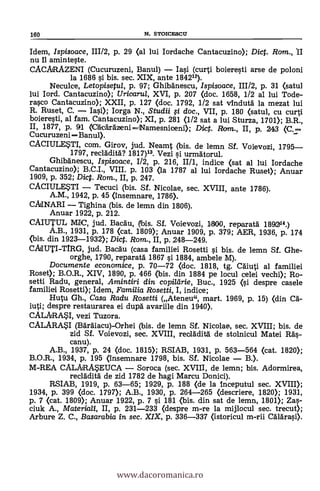 Idem, Ispisoace, 111/2, p. 29 (al lui Iordache Cantacuzino); Dic. Rom., II
nu 11 aminteste.
CACARAZENI (Cucuruzeni, Banul) - Iasi (curti boieresti arse de poloni
la 1686 si bis. sec. XIX, ante 184212).
Neculce, Letopisetul, p. 97; Ghibanescu, Ispisoace, 111/2, P. 31 (satul
lui lord. Cantacuzino); Uricarul, XVI, p. 207 (doc. 1658, 1/2 al lui Tode-
rasco Cantacuzino); XXII, p. 127 (doc. 1792, 1/2 sat vindutd la mezat lui
R. Ruset, C. - las»; Iorga N., Studii fi doc., VII, p. 180 (satul, cu curti
boieresti, al fam. Cantacuzino); XI, p. 281 (1/2 sat a lui Sturza, 1701); B.R.,
II, 1877, p. 911 (Cacardzeni-iNamesniceni); Dic. Rom., II, p. 243 (C.=
Cucuruzeni -Banul).
CACIULE*TI, com. Girov, jud. Neamt (bis. de lemn Sf. Voievozi, 1795-
1797, recladitä? 1817)13. Vezi i urmatorul.
GhibAnescu, Ispisoace, 1/2, p. 216, II/1, indice (sat al lui Iordache
Cantacuzino); B.C.I., VIII. p. 103 (la 1787 al lui Iordache Rusa); Anuar
1909, p. 352; Dict. Rom., II, p. 247.
CACIULESTI - Tecuci (bis. Sf. Nicolae, sec. XVIII, ante 1786).
A.M., 1942, p. 45 (insemnare, 1786).
CAINARI - Tighina (bis. de lemn din 1806).
Anuar 1922, p. 212.
CAIUTUL MIC, jud. Bacäu, (Tbis. Sf. Voievozi, 1800, reparatä 189314.)
A.B., 1931, p. 178 <cat. 1809); Anuar 1909, p. 379; AER, 1936, p. 174
(bis. din 1923-1932); Dict. Rom., II, p. 248-249.
jud. Bachlu (casa familiei Rosetti si bis. de lemn SI. Ghe-
orghe, 1790, repara-Ud 1867 si 1884, ambele M).
Documente economice, p. 70-72 (doc. 1818, tg. Cgiuti al familiei
Roset); B.O.R., XIV, 1890, p. 466 (bis. din 1884 pe locul celei vechi); Ro-
setti Radu, general, Amintiri din copilcirie, Buc., 1925 <si despre casele
familiei Rosetti); Idem, Familia Rosetti, I, indice;
Hutu Gh., Casa Radu Rosetti (Ateneu", mart. 1969, p. 15) (din Cd-
iuti; despre restaurarea ei dupd avariile din 1940).
CALARAI, vezi Tuzora.
CALARA*1 (Bärliacu)-Orhei (bis. de lemn SI. Nicolae, sec. XVIII; bis. de
zid Sf. Voievozi, sec. XVIII, reolädità de stolnicul Matei Räs-
canu).
A.B., 1937, p. 24 (doc. 1815); RSIAB, 1931, p. 563-564 (cat. 1820);
B.O.R., 1934, p. 195 (Insemnare 1798, bis. Sf. Nicolae - B.).
M-REA CALARA*EUCA - Soroca (sec. XVIII, de lemn; bis. Adormirea,
reclAdità de zid 1782 de hagi Marcu Donici).
RSIAB, 1919, p. 63-65; 1929, p. 188 (de la 1nceputul sec. XVIII);
1934, p. 399 (doc. 1797); A.B., 1930, p. 264-265 (descriere, 1820); 1931,
p. 7 <cat. 1809); Anuar 1922, p. 7 si 181 <bis. din sat de lemn, 1801); Zas-
ciuk A., Materiali, II, p. 231-233 (despre m-re la mijlocul seo. trecut);
Arbure Z. C., Basarabia in sec. XIX, p. 336-337 <istoricul m-rii Calaras».
160 N. STOICESCU
www.dacoromanica.ro
 
