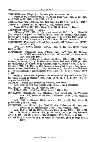 184 N. STOICESCU
CHILISENI, com. Udesti, jud. Suceava (bis. Adormirea, 1812).
Werenka D., Topographie, p. 46; Anuar Bucovina, 1923, p. 49, 1924,
p. 49, 1926, p. 80, 1927, p. 92, 1928, p. 116.
CHILI*OAIA, com. Dumesti, jud. Iasi (bis. din 1759, In ruina la 1871).17
CHINDIA - Neamt (bis. Sf. Apostoli, 1790, reparata 1901).
Anuar 1909, p. 356; Dict. Rom., II, p. 370 (In hotar cu Bicaz).
CHIOJDENI (Chiujdeni) - Vaslui.
Milcovia", IV, 1933, p. 7 (originea numelui); B.C.I., IV, p. 216-217
(doc. despre Chiujdeni - Vaslui; mosia tinea de Solesti); Ghibanescu,
Surete, XVI (indice); Documente, XVII, vol. II, p. 160 (la 1608 satul dat
de familia Jora lui Baseanu uricar); Dic. Rom., II nu-1 aminteste.
CHIPERCENI (Piperceni) - Orhei (bis. de nuiele Sf. Voievozi, sec. XVIII,
recladita 1863).
Saya, Doc. Orhei, indice; RSIAB, 1930, p. 230 (cat. 1820); Anuar
1922, p. 149.
CHIPERESTI (Piperesti), com. Tutora, jud. Iasi48 (bis. Sf. Nicolae,
sec. XVIII, refacutá de locuitori, 1835 sau 1843, in stare rea la
1909; han ante 1805).
Acta morii de postav de la Chiperegi (I.N., 1931, p. 177-181); Ghi-
banescu, Ispisoace, 11/2, p. 85 (hotárnicie, 1943); Uricarul, XXIII, p. 196-
198 (hotarnicie, 1675, satul m-rii Golia); Iorga N., Studii fi doc., V, p. 62-
63 (doc. 1776); R.I., 1931, p. 308 (mosia cu han a lui Grigore Bals si:Atar,
1805); Sulzer, Geschichte, I, p. 388 (despre sat); Asezdri din Moldova,
p. 175 (descoperirile arheologice); Dict. Rom., II, p. 378; Anuar 1909,
p. 347;
Minea I., Unde erau Piperestii din vremea lui //kif t'oda .,si a lui $te-
fan t'oda, domni ai Moldovei (C.I., XIII-XVI, nr. 1-2, p. 700) (mal jos
de gura Bahluiului).
CHIPERI - Putna (bis. Intrarea In biserica, ante 1809).
A.B., 1931, p. 182 (cat. 1809); Dic. Rom., II nu-1 aminteste.
CHIPESCA - Orhei (bis. SÍ. Voievozi, 1769).
RSIAB, 1930, p. 248 (cat. 1820); Anuar 1922, p. 154.
CHIRAFTEI (Chirafteni), com. Mastacani, jud. Galati (bis. Sf. Voievozi,
ante 1809, recladita de fam. Codreanu, 1838-1840, reparata
1903).
A.B., 1931, p. 194 (cat. 1809); Anuar 1909, p. 467; Dict. Rom., II,
p. 378-379 (bis. din 1823).
CHIRCESTI, com. Miclesti, jud. Vaslui49 (bis. Coborlrea Sf. Duh, con-
struita de Al. Hrisoverghi, 1809-1810, reparata 1894).
A.B., 1931, p. 202 (la 1809 se lucra la bis.); Anuar 1909, p. 440; AEH,
1934, p. 74, 1935, p. 98-99, 1936, p. 107-108, 1938, p. 168; Uricarul,
XVII, p. 149-151 (hotarnicie 1715, Chiritesti); Dict. Rom., II, p. 382.
CHIRILESTI - Covurlui (bis. de birne Sf. Spiridon, 1802, in stare rea la
1909).
www.dacoromanica.ro
 