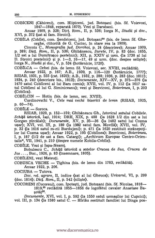 200 N. STOICESCIJ
COBICENI (Cdbiceni), com. Hlipiceni, jud. Botosani (bis. Sf. Voievozi,
1847-1848, reparatä 1870). Vezi si Darabani.
Anuar 1909, P. 328; Dict. Rom., II, p. 536; Iorga N., Studii O doc.,
XVI, p. 372 <sat al fam. Stroici).
COBILA (Cobile), com. Sendriceni, jud. Botosanim (bis. de lemn Si. Ghe-
orghe, ctitorità de G. Cuciuc, in stare rea la 1909).
Ciocoiu C., Monografia jud. Dorohoi, p. 24 (descriere); Anuar 1909,
p. 389; Dict. Rom., II, p. 536; Ghibanescu, Surete, IV, p. 83 <doc. 1655,
1/2 sat a lui Dumitrasco postelnic); XII, p. XXIV si urm. <la 1738 al lui
D. Stroici postelnic) si p. 1-3, 16-17, 49 si urm. (doc. despre seliste);
Iorga N., Studii . i doc., V, p. 534 (hotarnicie, 1720).
COBILCA Orhei (bis. de lemn Sf. Voievozi, sec. XVIII, reclädità).
Anuar 1922, p. 167; A.B. 1939, p. 116-120 <hotarnicie, 1777);
RSIAB, 1931, p. 555 (cat. 1820); A.B., 1932, p. 288; 1936, p. 283 (doc. 1811);
1934, p. 240 (descriere bis., 1813); Documente, XIVXV, p. 375-376 (la
1470 satul Cobilceni al lui Bars comis); XVII, vol. IV, p. 112 (la 1617 sa-
tul Cobileni al lui G. Siminiceanu); vezi si Bezviconi, Boierimea, I, p. 203
(Cobilca.).
COBILCIN Hotin (bis. de lemn, sec. XVIII).
Curdinovschi V., Cele mai vechi biserici de lemn (RSIAB, 1925,
p. 60-74).
COBILE Soroca.
RSIAB, 1929, p. 152-159; Ghibanescu Gh., Istoricul satului Cobilele.
Schitli istoricd, Iasi, 1914; DRH, XIX, P. 488 (la 1628 1/2 din sat a lui
Gorgan pircalab); Documente, XV, P. 35-36 (la 1482 satul lui Cozma
usar); XVI, vol. III, p. 189 (la 15182 satul fam. Movilä).; XVII, vol. IV,
p. 32 (la 1616 satul m-rii Burdujeni); p. 471 <la 1620 restituit stranepoti-
lor lui Cozma usar); Anuar 1922, P. 195 (Cobilnea); Bezviconi, Boierimea,
I, P. 187 <1/2 de sat a fam. Catargi); Archivum Europae Centro-Orien-
talis", VII, 1941, p. 210 (despre numele Kobila-Cobile).
COBILE. Vezi si Iapa-Neamt.
Bobulescu C., S chita' istoricti a satelor Crucea de Sus, Crucea de
Jos . . . , Buc., 1926, p. 83 (insemnare, 1805).
COBILENI, vezi Mateuti.
COBUSCA TECHE Tighina (bis. de lemn din 1783, recläditd).
Anuar 1922, p. 206.
COCIUBA Tutova.
Doc, rel. agrare, II, indice (sat al lui Gheuca); Uricarul, VI, P. 299
(doc. 1814); Dict. Rom., II, P. 542 (siliste).
COCORENI (Cucoreni), com. Ipotesti, jud. Botosani (bis. Sf. Nicolae, 1818
1819,85 reclàdità 1855-1856 de logofdtul cavaler Anastase Ba-
sotä)88.
Documente, XVI, vol. I, p. 592 (la 1550 satul urmasilor lui Cupcici);
vol. III, p. 134 (la 1580 satul C. Hirldu restituit familiei lui Dinga pos-
www.dacoromanica.ro
 