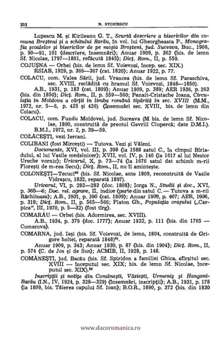 202 N. STOICESCU
Lupescu M. si Kirileanu G. T., Scurtd descriere a bisericilor din co-
muna Bresteni si a schitului Rardu, in vol. lui Gheorgheasca P., Monogra-
lia ;coalelor si bisericilor de pe mofia Brogeni, jud. Suceava, Buc., 1906,
p. 90-91, 101 (descriere, Insemnari); Anuar 1909, P. 362 (bis. de lemn
Sf. Nicolae, 1797-1801, refacutà 1845); Dict. Rom., II, p. 559.
COJUSNA Orhel (bis. de lemn Sf. Voievozi, Incep. sec. XIX.)
RSIAB, 1929, p. 366-367 (cat. 1820); Anuar 1922, P. 77.
COLACU, com. Valea Sdrii, jud. Vrancea (bis. de lemn Sf. Paraschiva,
sec. XVIII, recladitá cu hramul Sf. Voievozi, 1848-1850).
A.B., 1931, p. 183 (cat. 1809); Anuar 1909, p. 389; AER 1936, p. 263
(bis. din 1850); Dict. Rom., II, p. 559-560; Panait-Cristache Ioana, Circu-
latia in Moldova a carta in limba romdrul tipdritd in sec. XVIII (M.M.,
1972, nr. 5-6, p. 425 si. 426) (trisemnäri sec. XVIII, bis, de lemn din
Colacu).
COLACU, com. Fundu Moldovei, jud. Suceava (M bis. de lemn Sf. Nico-
lae, 1800, construità de preotul Gavriil Ciupercä; date D.M.I.).
B.M.I., 1972, nr. 2, p. 39-59.
COLACESTI, vezi Iercani.
COLIBANI (fost Mircesti) Tutova. Vezi si Väleni.
Documente, XVI, vol. III, p. 398 (la 1588 satul C., In cimpul Birla-
dului, al lui Vasile medelnicer); XVII, vol. IV, p. 146 (la 1617 al lui Nestor
Ureche vornic); Uricarul, X, p. 73-74 (la 1676 satul dat schimb m-rii
Floresti de m-rea Secu); Dict. Ram., II, nu il aminteste.
COLONE5TITecuci9° (bis. SI. Nicolae, ante 1809, reconstruità de Vasile
Vidrascu, 1832, reparatà 1897).
Uricarul, VI, P. 282-283 (doc. 1808); larga N., Studii fi doc., XVI,
p. 3615-46; Doc. re/. agrame, II, indice (parte din satul C. Tutova a m-rii
Rdichitoasa); A.B., 1931, p. 190 (cat. 1800; Anuar 19n, p. 4107; AER, 1936,
p. 318; Dic. Rom., II, p. 565-566; Platon Gh., Populatia orapaui (Car-
pica", III, 1970, p. 5-32) (fost ttrg).
COMARAU Orhei (bis. Adormirea, sec. XVIII).
A.B., 1934, p. 379 (doc. 1777); Anuar 1922, p. 111 (bis. din 1765
Comarova).
COMARNA, jud. Iasi (bis. SI. Voievozi, de lemn, 1804, construità de Gri-
gore holtei, reparata 1848)9'.
Anuar 1909, p. 343; Anuar 1930, p. 87 <bis. din 1904); Dict. Rom., II,
p. 574 (C. de Jos si de Sus); ACMIB, II, 1928, p. 148.
COMANE*TI, jud. Bacau (bis. Sf. Spiridon a familiei Ghica, sfirsitul sec.
XVIII inceputul sec. XIX; bis. de lemn Sf. Nicolae, l'Ice-
putul sec. XIX)."
Inscriptii $i notite din Comdnesti, V d siesti, Urmeni,s $i Hangani-
Bacdu (I.N., IV, 1924, p. 328-329) (Insemnäri, inscriptii); A.B., 1931, p. 178
(la 1809, bis. 'Mema capului Sf. loan); B.O.R., 1890, p. 372 (bis. din 1830
www.dacoromanica.ro
 