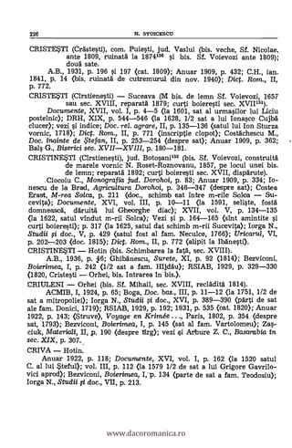 226 N. STOICESCU
CRISTESTI (Crdstesti), com. Puiesti, jud. Vaslui (bis. veche, Sf. Nicolae,
ante 1809, ruinatä la 18741" 0 bis. Sf. Voievozi ante 1809);
cloud sate.
A.B., 1931, p. 196 0. 197 (cat. 1809); Anuar 1909, P. 432; C.H., ian.
1841, p. 14 (bis. ruinatä de cutremurul din nov. 1940); Dic. Rom., II,
p. 772.
CRISTESTI (Cirstienesti) Suceava (M bis. de lemn Sf. Voievozi, 1657
sau sec. XVIII, reparatd 1879; curti boieresti sec. XVII151).
Documente, XVII, vol. I, p. 4-5 Oa 1601, sat a/ urmasilor lui Liciu
postelnic); DRH, XIX, p. 544-546 (la 1628, 1/2 sat a lui Ionasco Cujbä
clucer); vezi si indice; Doc. rel. agrare, II, p. 135-136 (satul lui Ion Sturza
vornic, 1718); Dic. Rom., II, p. 771 (inscriptie clopot); Costdchescu M.,
Doc. inainte de te fan, II, p. 253-254 (despre sat); Anuar 1909, p. 362;
Bals G., Biserici sec. XVIIXVIII, p. 180-181.
CRISTINESTI (Cirstienesti), jud. Botosani152 (bis. Sf. Voievozi, construità
de marele vornic N. Roset-Roznovanu, 1857, pe locul unei bis.
de lemn; reparatd 1892; curti boieresti sec. XVII, dispärute).
Ciocoiu C., Monografia jud. Dorohoi, P. 83; Anuar 1909, p. 334; Io-
nescu de la Brad, Agricultura Darohoi, p. 346-347 (clespre sat); Costea
Erast, M-rea Sa/ca, p. 211 (doc., schimib sat intre m-rile Solea Su-
cevita); Documente, XVI, vol. III, p. 10-411 (la 1591, seliste, fostd
domneascd, ddruiti lui Gheorghe diac); XVII, vol. V, p. 134-135
(la 1622, satul vIndut m-rii Solca); Vezi si p. 164-165 (slut amintite si
curti boieresti); p. 317 (la 1625, satul dat schimb m-rii Sucevita); Iorga N.,
Studii fi doc., V, p. 429 (satul fost al fam. Neculce, 1766); Uricarul, VI,
p. 202-203 (doc. 1815); Dict. Rom., II, p. 772 (alipit la Ibdnesti).
CRISTINE*TI Hotin (bis. Schimbarea la fatd, sec. XVIII).
A.B., 1936, p. ;16; Ghibänescu, Surete, XI, p. 92 (1814); Bezviconi,
Boierimea, I, p. 242 (1/2 sat a fam. HIjclau); RSIAB, 1929, p. 329-330
(1820, Cristesti Orhei, bis. Intrarea In bis.).
CRIULENI Orhei (bis. Sf. Mihail, sec. XVIII, recladitä 1814).
ACMIB, I, 1924, p. 65; Boga, Doc. bas., III, p. 11-12 (la 1751, 1/2 de
sat a mitropoliei); Iorga N., Studii fi doc., XVI, p. 389-390 (parti de sat
ale fam. Donici, 1719); RSIAB, 1929, p. 192; 1931, p. 535 (cat. 1820); Anuar
1922, p. 143; (Struve), Voyage en Krim& . . ., Paris, 1802, p. 354 (despre
sat, 1793); Bezviconi, Boierimea, I, P. 145 (sat al fam. Vartolomeu); Zas-
ciuk, Materiali, II, p. 190 (despre Virg); vezi si Arbure Z. C., Basanabia in
sec. XIX, p. 307..
CRIVA Hotin.
Anuar 1922, p. 118; Documente, XVI, vol. I, p. 162 (la 1520 satul
C. al lui Steful); vol. III, p. 112 (la 1579 1/2 de sat a lui Grigore Gavrilo-
vici aprod); Bezviconi, Boierimea, L`p. 134 (parte de sat a fam. Teodosiu);
Iorga N., Studii $i doc., VII, p. 213.
www.dacoromanica.ro
 