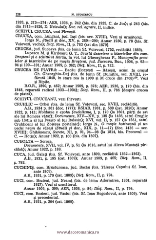 228 N. STOICESCU
1926, p. 273-274; AER, 1936, P. 242 (bis. din 1925, C. de Jos); si 243 (bis.
din 1913-1926, D. Neicului); Doc, rel. agrare, II, indice.
SCHITUL CRUCEA, vezi PIrvesti.
CRUCEA, com. Lungani, jud. Ialsi (bis. sec. XVIII). Vezi si urmatorul.
Iorga N., Studii Isi doc., XV, p. 289-290; Anuar 1930, p. 78 (bis. Sf.
Voievozi, veche); Dic. Rom., II, p. 783 (sat din 1879).
CRUCEA, jud. Suceava (bis. de lemn Sf. Voievozi, 1752, reclädità 1889).
Lupescu M. si Kirileanu G. T., Scurtd descriere a bisericilor din com.
Brogeni fi a schitului Rardu, In vol. lui Gheorgheasa P., Monografia roa-
lelor # bisericilor de pe mofia Brosteni, jud. Suceava, Buc., 1906, p. 92-
94 s'i 100-101; Anuar 1909, p. 362; Dic. Rom., II, p. 783. .
CRUCEA DE PIATRA - Bacau (Borzesti - Rdzesi), acum In orasul
Gh. Gheorghiu-Dej (bis. de lemn Sf. Dumitru, sec. XVIII, re-
facutä 1848, in stare rea la 1909 si M cruce din 1768)159. Vezi
si Ripile.
B.O.R., 1890, p. 462; Anuar 1909, p. 378; AER, 1936, p. 170 (bis. din
1848, reparatd radical 1933-1934); Dict. Rom., II, p. 786 (despre crucea
de piatrá).
SCHITUL CRUCEANU, vezi Plrvesti.
CRUHLIC - Orhei (bis. de lemn Sf. Voievozi, sec. XVIII, reclädità).
A.B., 1934 p. 361 (doc. 1777); RSIAB, 1931, p. 539 (cat. 1820); Anuar
1922, p. 143; Moldavia y epohu f eudalizma, I, p. 170 (la 1601, pdrti de sat
ale lui Romcea vdtaf); Documente, XIV-XV, p. 135 (la 1436, satul Cruglic
sub Hotin al lui Ivasco al lui Balasin); XVI, vol. II, p. 157 (la 1561, satul
Cruhlkeni al lui Zbierea postelnic); Iorga N., O mofie hotineand si un
vechi neam de reizefi (Studii si doc., XIX, p. 11-17) (doc. 1436 - sec.
XVIII); Ghibdnescu, Surete, XI, p. 91, 94-98 (la 1814, bis. Procovul -
C. - Hotin); Anuar 1922, p. 100 (bis. din 1807).
CUBOLTA - Soroca.
Documente, XVII, vol. IV, p. 51 (la 1616, satul lui Alexa Mustata pir-
calab); Anuar 1922, p. 189.
CUCA, jud. Galati (bis. Sf. Voievozi, ante 1809, reclädità 1862-1863).
A.B., 1931, p. 195 (cat. 1809); Anuar 1909, p. 465; Dict. Rom., II,
p. 793.
CUCHINI*, com. Brusturoasa, jud. Bacau (bis. Tdierea Capului Sf. loan,
ante 1809).
A.B., 1931, p. 179 (cat. 1809); Dict. Rom., II, p. 794.
CUCI, com. Bozieni, jud. Neamt (bis. de lemn Adormirea, 1834, reparatd
1927). Vezi si urmätorul. .
Anuar 1909, p. 399; AER, 1936, p. 86; Dic. Rom., II, p. 794.
CUCI, com. Bozieni, jud. Vaslui (bis. Sf. loan Bogoslovul, ante 1809). Vezi
si precedentul.
A.B., 1931, p. 204 (cat. 1809).
www.dacoromanica.ro
 