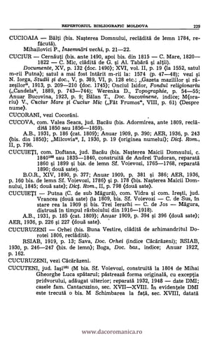REPF:RTORIUL BrBLIOGRAFIC MOLDOVA 229
CUCIOAIA Balti (bis. Nasterea Domnului, recladita de lemn 1784, re-
facutä).
Mihailovici P., Insemnäri vechi, p. 21-22.
CUCIUR Cernauti (bis. ante 1490, apoi bis. din 1815 C. Mare, 1820
1822 C. Mic, cladita de G. si Al. Tabära # altii).
Documente, XV, p. 132 (doc. 1490); XVI, vol. II, p. 19 (la 1552, satul
m-rii Putna); satul a mai fost Intärit m-rii la: 1574 (p. 47-48); vezi #
N. Iorga, Studii fi doc., V, p. 389, VI, p. 128 etc.; Gazeta mazililor # ra-
zesilor", 1913, p. 209-210 (doc. 1745); Onciul Isidor, Fondul religionariu
(Candela", 1889, p. 743-744); Werenka D., Topographie, p. 54-55;
Anuar Bucovina, 1923, p. 9; Balan T., Doc. bucovinene, indice; 1Wora-
riu) V., Caciur Mare # Cuciur Mic (Fä't Frumos", VIII, p. 61) (Despre
nume).
CUCORANI, vezi Cocorani. .
CUCOVA, com. Valea Seaca, jud. Bacau (bis. Adormirea, ante 1809, recla-
dirtá 1850 sau 1856-1859).
A.B., 1931, p. 186 (cat. 1809); Anuar 1909, p. 390; AER, 1936, p. 243
(bis. din 1850); Milcovia", I, 1930, p. 19 (originea numelui); Dict. Rom.,
II, p. 796.
CUCUIETI, com. Doftana, jud. Bacau (bis. Nasterea Maicii Domnului, c.
18401" sau 1835-1840, construitä de Andrei Tudoran, reparata
1860 # 1899 # bis. de lemn Sf. Voievozi, 1765-1768, reparata
1890; doua sate).
B.O.R., XIV, 1890, p. 377; Anuar 1909, p. 381 si 386; AER, 1936,
p. 160 bis. de lemn Sf. Voievozi, 1786) # p. 178 (bis. Nasterea Maicii Dom-
nului, 1845; douá. sate); Dict. Rom., II, p. 798 (doua sate).
CUCUIETI Putna (C. de sub Magura), com. Vidra # com. Iresti, jud.
Vrancea (dou'a sate) (la 1809, bis. Sf. Voievozi C. de Sus, In
stare rea la 1909 # bis. Trei Ierarhi C. de Jos Magura,
distrusa In timpul razboiului din 1916-1918).
A.B., 1931, p. 185 (cat. 1809); Anuar 1909, p. 394 # 396 (douä sate);
AER, 1936, p. 226 si 227 (doua sate). -
CUCURUZENI Orhei (bis. Buna Vestire, cladita de arhimandritul Do-
rotei 1806, recladita).
RSIAB, 1919, p. 13; Saya, Doc. Orhei (indice Cacarazeni); RSIAB,
1930, p. 246-247 (bis. de lemn); Boga, Doc. bas., indice; Anuar 1922,
p. 162.
CUCURUZENI, vezi Cacarazeni.
CUCUTENI, jud. Ia0161 (M bis. Sf. Voievozi, construita la 1804 de Mihai
Gheorghe Luca spatarul; pastreaza forma originara, cu exceptia
pridvorului, adaugat ulterior; reparata 1932, 1948 date DMI;
casele fam. Cantacuzino, sec. XVIIXVIII. In evidentele DMI
este trecuta o bis. M Schimbarea la fata, sec. XVIII, datata
www.dacoromanica.ro
 