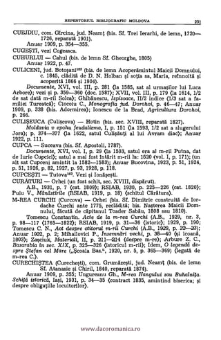 CUEJDIU, com. Gircina, jrud. Neamt (bis. SI. Trei Ierarhi, de lemn, 1720-
1726, reparatä 1901).
Anuar 1909, p. 354-355.
CUGE*TI, vezi Cogeasca.
CUHURLUI - Cahul (bis. de lemn SI. Gheorghe, 1805)
Anuar 1922, p. 47.
CULICENI, jud. Botosani162 (bis. de lemn Acoperamintul Maicii Domnului,
c. 1845, cladita de D. N. Holban si sotia sa, Maria, reinnoita si
acoperita 1866 si 1904).
Documente, XVI, vol. III, p. 281 (la 1585, sat al urmasilor lui Luca
Arbore); vezi si p. 359-360 (doc. 1587); XVII, vol. III, p. 179 (la 1614, 1/2
de sat data m-rii Soloa); Ghibänescu, /spisoace, 11/2 indice (1/3 sat a fa-
miliei Tureatcä); Ciocoiu C., Monografia jud. Dorohoi, p. 46-47; Anuar
1909, p. 338 (bis. Adormirea); Ionescu de la Brad, Agricultura Dorohoi,
p. 266.
CULISEUCA (Culiscova) - Hotin (bis. sec. XVIII, reparata 1827).
Moldavia v epohu feudalizma, I, p. 151 (la 1593, 1/2 sat a slugerului
Jora); p. 374-377 (la 1622, satul Culisauti al lui Avram diac); Anuar
1922, p. 111.
CUPCA - Suceava (bis. SI. Apostoli, 1787).
Documente, XVI, vol. I, p. 29 (la 1503, satul era a] m-rii Putna, dat
de Iurie Cupcici); satul a mai fost intarit m-rii Ta: 1620 (vol. I, p. 171); (un
alt sat Cupceni amintit la 1582-1583); Anuar Bucovina, 1923, p. 51, 1924,
p. 51, 1926, p. 82, 1927, p. 93, 1928, p. 118.
CUPCESTI - Tutovams. Vezi s'i Ionasesti.
CURATURI - Orhei (un fost schit, sec. XVIII, dispärut).
A.B., 1931, p. 7 (cat. 1809); RSIAB, 1930, p. 225-226 (cat. 1820);
Puiu V., Meina-stirile (RSIAB, 1919, p. 18) (schitul Caratura).
M-REA CURCHI (Curcova) - Orhei (bis. Sf. Dimitrie construita de Ior-
dache Curchi ante 1775, recladita; bis. Nasterea Maicii Dom-
nului, Marta de cäpitanul Toader Sabau, 1808 sau 1810).
Tomescu Constantin. Acte de la m-rea Curchi (A.B., 1929, nr. 3,
p. 98-117 (1765-1822); RSIAB, 1919, p. 31-36 (istoric); 1929, p. 190;
Tomescu C. N., Act despre crtitorul m-rii Curchi (A.B., 1929, p. 22-'23);
Anuar 1922, p. 2; Mihailovici P., /nsemnäri vechi, p. 38-40 (si icoana,
1803); Zasciuk, Material, II, p. 211-214 (despre m-re); Arbure Z. C.,
Basarabia in sec. XIX, p. 325-326 (istoricul m-rii); Idem, 0 legendei de-
spre te fan cel Mare (Scoala Bas.", 1920, nr. 5, p. 365-369) (legata de
m-rea C.).
CURECHISTEA (Curechesti), com. Grumazesti, jud. Neamt (bis. de lemn
SI. Atanasie si Chiril, 1840, reparata 1874).
Anuar 1909, p. 355; Ungureanu Gh., M-rea Hangului sau Buhalnita.
Schigi istoricli, Iasi, 1931, p. 34-35 (contract 1835, amintind biserica; si
despre obligatiile locuitorilor).
REPERTORIUL BEBLIOGRAFIC MOLDOVA 231
www.dacoromanica.ro
 