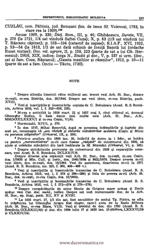 CUZLAU, com. Paltiniq, jud. Botopni (bis. de lemn Sf. Voievozi, 1783, in
stare rea la 1909).108
Anuar 1909, P. 336; Dict. Rom., III, p. 46; Ghibanescu, Surete, VII,
p. 270 (la 1721, 114 sat vindutd Saftei Cuza); X, p. 83 (1/3 sat vinduta lui
T. R4canu capitan); p. 103-104 (catastif de zapise); R.I.A.F., XVI, 1922,
p. 53-54 (la 1813, 1/2 de sat data schimb de Ionita Baqota lui Iordache
Ruset vistier); Doc, rel. agrare, II, p. 158, 223 (parte de sat a lui Gh. Her-
meziu); DRH, XIX, indice; Iorga N., Studii fi doc., V, p. 537 O. urm. (doc.,
sat al fam. Cuza, Rascanu); Gazeta mazililor i razesilor", 1912, p. 10-11
(parte de sat a fam. Onciu Täutu, 1720).
NOTE
1 Despre situatia bisericii catre mijlocul sec. trecut vezi Arh. St. Buc., dosare
m-resti, m-rea Bistrita, dos. 29/1846. Despre sat vezi idem, m-rea Bistrita, pach.
XVIII.
2 Vezi i inscriptiile i InsemnIrile copiate de C. Bobulescu (Acad. R. S. Roma-
nia, Arhiva 1610, vol. I, f. 323-326, 329).
3 M-rea e amintita la 1656 mart. 22 si 1657 mai 5, cfnd ctitorul ei, domnuI
Gheorghe Stefan, fi face danie mai multesate (Arh. St. Buc., A.N.,
MMDOCCLXXXV/1 i m-rea Casin, VI/4).
4 Hurmuzaki, XIV/1, p. 370.
5 In dec. 1717, Mihai Racovitd, dupd ce povestea Intfmplarile i auptele din
acel an, recunoaste a am rdsipit i zichurfie melndstirt/or acestora (Casin si Mira)
cu porunca stdpinilerra (Uricartd, IX, p. 168).
8 Printr-o anafora din 1805 Ian. 26, intärita de domn la 1 febr., se hotara
ca pentru nveremetisirea" m-rii care fusese risipitd" de cutremurul din 1802, Sal
ajube i celelalte xnanastiri din tall Inchinate la Sf. Mormbit Wecerul, VI, p. 102).
7 Despre stricaciunile provocate de cutremurul din 1838 si reparatiile nece-
sare, vezi Acad. R. S. Rotriania, DCLXXIV/6.
Despre diverse alte reparatii vezi Arh. St. Buc., dos. m-resti, m-rea Casin,
dos. 5/11835 si Min. Cult. si Instr., dos. 160/1601 si 3421/a876. Despre averea m-rii
vezi idem, dos. m-resti, dos. 16/1864. Vezi de asemenea, descrierea m-rii la 1871
(Acad. R. S. Romania, ins. 223, f. 300, 406-498 v.).
8 Vezi i inscriiile i Insemnarile transcrise de C. Bobulestu (Acad. R. S.
Romania, Arhiva 1610, vol. I, f. 2.119 si 284-286) si lista de averea m-rii (Arh. St.
Buc, dos. m-resti, m-rea Casin, dos. 16/1864).
9 Vezi i inscriptille si Insemnarile transcrise de C. Bobulescu (Acad. R. S.
Romania, Arhiva 1610, vol. I, f. 272-1274 si 276-278).
Despre cumpäraturile de ocine facute de Grigore mare armas si Darle
spatar vezi Cat. doc. mo/d., indice. Despre sat vezi numeroasele doc. de la Arh.
St. Buc., ep. Hui, path. XII, XV si
11 La 1635 mart. 27, 1/2 din sat, fost ascultator de ocolul Tg. Piatra, se afla
in stapinirea lui Gheorghe Arapu fast sluger, care-1 avea de la Radu Mihnea
(Arh. St. Buc., m-rea Rica, VI/3). Vez11 i izvodul de doc. din 1751 (Acad. R. S.
Romania,OCLXXIII/45) l doc. din 1634 iulie 17 si 1635 ian. 16 (ibidem, LXXXV1/20
CLXXIV/14).
REPERTORIUL BIBLIOGRAFIC MOLDOVA 233
www.dacoromanica.ro
 