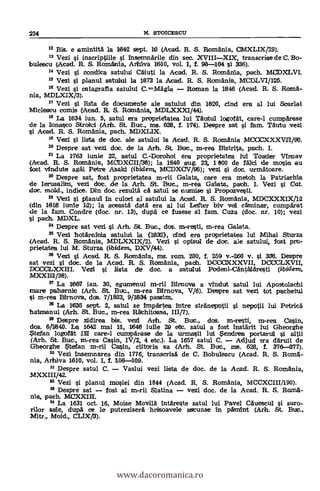 234 N. STOICESCU
12 Bis, e amintita la 13842 sept. 10 (Acad. R. S. Romania, CMXLIX/29).
13 Vezi s't inscriptille i Insemnarile din sec. XVIIIXIX, transcrise de C.Bo-
bulescu (Acad. R. S. Romania, Arhiva 1610, vol. /, f. 98-104 si 336).
14 Vezi I condita satului Caluti la Acad. R. S. Romania, path. MCDXILVI.
Vezi I planul satului la 1873 la Acad. R. S. Romania, MCDLVI/125.
18 Vezi i catagrafia satului C. Mâgla Roman la 1646 (Acad. R. S. Roma-
nia, MDLXIX/3).
Vezi si lista de documente ale satului din 1820, end era al lui Scarlat
Miclescu comis (Atad. R. S. Rotnania, MDLXXX1/44).
18 La 1634 jun. 5, satul era proprietates lui Tantul logofat, care-1 cumparase
de la lonasto Stroiti (Arh. St. Buc., ms. 628, f. 174). Despre sat si fem. Tautu vez!
si Acad. R. S. Romania, pa.ch. MDXLIX
18 Vezi i lista de doc. ak satului la Acatl. R. S. Romania MCCCXXXVII/90.
20 Despre sat vezi doe, de la Arh. St. But., m-rea Bistrita, path. I.
21 La 1763 iunie 22, satul C.-Dorohoi era proprietatea lui Toader 'Malay
(Alead. R. S. Romania, MODXCII/36); la 1640 aug. 23, 1 000 de raid de masks au
lost viudute agal Petra Ataki (ibidem, MCDXCV/95); vezi i doc. urmatoare.
22 Despre sat, fost proprietatea m-r!! Galata, care era metoh la Patriarhia
de Ierusalitm, vezi dot, de la Arh. St. But., m-rea Galata, path. I. Vezi si Cat.
doc, mold., indice. Din doc. rezulta ci satul se nurnise i Propozvesti.
23 Vezi i pflanul In culori al satului la Atad. R. S. Romania, MDCXXXIX/12
(din 1616 iunie 12); la am:1sta data era al lui Letrter biv vel caminar, cumparat
de la fam. Condre (doc. nr. 13), chip& ce fusese al fam. Cuza (doc. nr. 10); vezi
si path. MDXL.
24 Despre sat vezi i Arh. St. But., dos. m-resti, m-rea Galata.
25 Vezi hotarnicia satului la (1632), end era proprietatea lui Mihai Sturza
(Acad. R. S. Romania, MDLXXIX/2). si °pistil de doc. ale satului, fast pro-
prietatea lui M. Sturza (ibidem, DXV/44).
26 Vez! si Acad. R. S. Romania, tn.s. rom. 230, f. 259 v.-260 v. si 336. Despre
sat vezi si doc. de la Acad. R. S. Romania, path. DOOCXXXVII, DCCCLXVII,
DeCCILXX/II. Vezi si lista de doc. a satului Podeni-Canthlaresti (ibidem,
MXXIa1/36).
27 La 1667 ian. 30, egumenul m-rii 131mova a vindut satul lui Apostolachi
mare paharnit (Arh. St. Butt., m-rea Bimova, V/6). Despre sat vezi tot pachetul
si m-rea Bfrnova, dos. 7/1833, 9/1834 passim.
25 La 1635 sept. 2, satul se Impärtea !Titre stranepotii i nepotii lui Petrica
hatmanul (Arh. St. Buc., m-rea Rachitoasa, 111/7).
25 Deispre zidirea bis. vez! Alt. St. But., dos. m-resti, mi-rea Casin,
dos. 611640. La 1642 mai 10., 1648 hale 29 ebc. satul a fast instarit lui Gheorghe
Stefan logofat fliT care-1 cumparase de la urmasii lui Sendrea portarua i aatii
(Arh. St. Buc., m-rea Casin, IV/2, 4 etc.). La 1657 satul C. Adjud era daruit de
Gheorghe Stefan m-rii Casin, ctitoria sa .(Arh. St. But., ras. 628, f.376-377).
30 Vez! Insemnarea din 1776, transcrisa de C. Bobulescu (Acad. R. S. Roma-
nia, Arhiva 1610, vol. I, f. 108-1109.
Despre satul C. Vaslui vezi lista de doc, de la Acad. R. S. Romania,
MXXIII/42.
82 Vezi i planul mosiei din 1844 (Acad. R. S. Romania, MCCXCIII/190).
33 Despre sat fost al m-rii Slatina vezi doc, de la Acad. R. S. Roma-
nia, path. MCXXIII.
54 La 1631 oct. 16, Moise Movilä Intareste satul lui Pavel Cauescul i suro-
rilor sale, dopa ce le putrezisera hrisoavele ascunse in pamint (Arh. St. Bwc.,
fvfitr., Mold., CLIX/3).
www.dacoromanica.ro
 