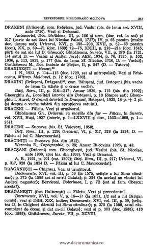 REPERTORIUL BIBLIOGRAFIC MOLDOVA 267
DRAXENI (Dräcseni), com. Rebricea jud. Vaslui (bis. de lemn sec. XVIII,
ante 1716). Vezi si Dräcsani.
Antonovid, Doc. birIcidene, III, p. 186 si urm. (doc. ref. la sat) si
317 (parte de sat läsat lui Nioolae Paladi, 1727); IV, p. 65 passim (multe
doc. despre sat); Uricarul, XVI, p. 198-200, XVII, p. 62-63 passim
(doc.), XX, p. 69-71 (doc. 1639) 72-75, XXIII, p. 210-214 (doc. 1645,
pärti de sat ale lui D. Gheuca); Ghibbinescu, Surete, VII, p. 270 (la 1721,
1/4 satul D. Vaslui al Anitei Jora); AEH, 1934, P. 76, 1935, p. 102,
1936, p. 113, 1938, P. 177 (bis, de lemn Sf. Nicolae, 1716, D. Vaslui);
Costädhescu M., Doc. inainte de ?tefan, II, p. 547 (D. Tutova).
DRAXINESTI Neamt.59
I. N., 1923, p. 114-115 (doc. 1729, sat al mitropoliei). Vezi i Erbk-
ceanu, Mitrop. Moldovei, p. 12 (doc. 1730).
DRAXINI (Dräcseni, DrAgsani)°, loom. Bdluseni, jud. Botosani (bis.veche
de lemn in siliste i o cruce veche).
D. Rom., III, p. 216-217; Anuar 1930, p. 115 (bis din 1902);
Gheorghiu A., Localitati istorice din Boto;ani, p. 10 (despre sat); Gheor-
ghiu I. Aurel, O drama istoricd la Dracfani, Botosani, 1925, 16 p. + 2 pl.
(si despre o veche tabard din apropierea satului).
DRACENI Fàlciu. Vezi i urmAtorul.
GhibAn.escu Gh., Dr?icenii eu moAle din fur Fraciu, In Surete,
vol. XVII, Hui, 1927 (istoric, p. ILXXVIII i doc., 1533-1868, p. 1
261).
DRACENI Suceava (bis. Sf. Voievozi, 1858).
Diet. Rom., III, p. 229; UricaruZ, VI, p. 317, 328 (la 1324, D.
FAlciu al lui C. Mavr000rdat).
DRACINITI Suceava (bis. din 1812).
Werenka D., Topographie, p. 28; Anuar Bucovina 1923, p. 43.
DRACSANI (Draceni) com. Gheorghesti, jud. Vaslui (bis. Sf, Nicolae,
ante 1809, apoi bis. din 1868). Vezi i Draxeni.
A. B., 1931, p. 201 (cat. 1809); Dict. Rom., III, p. 217; Uricarul, VI,
p. 317, 328 (la 1824 D. FAlain al lui C. Mavrocordat).
DRAGANESTI Chigheci. Vezi i urmatorul.
Documente, XVI, vol. III, p. 59 (la 1575, seliste a lui Sima Cámk-
nar); p. 375 (la 1588 sat al m-rii Galata); p. 384 (in acelasi an vindut lui
Andreci negustor); Bezvilconi, Boierimea, I, p. 72 (sat al fam. Chescu;
aoesta?).
DRAGANESTI (fost Hulturesti) F1ciu. Vezi si precedentul.
Documente, XVII, vol. V, p. 16-17 (la 1621, 1/2 sat a lui Drägan
comis); vezi i DRH, XIX, indice; Documente, XVI, vol. riir, p. 59, (sells-
tea D. in Chigheci däruitä lui Sima iclämänar); p. 375 (la 1588, satul rAs-
cumpArat de domn i dat m-rii Galata); vezi si p. 383 (doc. 1588); 410
(doc. 1588); Ghibänescu, Surete, VII, p. XCVIII.
www.dacoromanica.ro
 