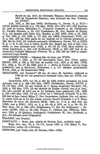 REPERTORITJL BIBLIOGRAFIC MOLDOVA 271
fAcutä de zid, 1815, de Gheorghe Rciscanu caminarul; reparatä
1847 de Paraschiva RA§canu; case boiere§ti ale fam. Costachi,
sec. XVIII)71.
A.B., 1931, p. 204 (icat 1809); Ghibanescu G., Surete, X, p. XLV-
LXVII (schità istoricA) i p. 109 (doc. 1813); 374-373, 377-378 (inscrip-
tii, listà de avere); Bobulescu C., Veniamin Costachi, p. 45; GhibAnescu
G., Familia Rtifoanu, p. 52, 110; CostAchescu M., Doc. inainte de ,Ftefan,
II, p. 151 (despre sat); Idem, Doc. Bogdan, p. 202; AEH, 1934, P. 76, 1935,
p. 102, 1936, p. 113, 1938, p. 177 (bis. din 1883); Documente, XVII, vol.
II, p. 252-253 (la 1609, parte de sat vinduti lui D. Chirità postelnic); p.
292, 294 (la 1610, 1/2 vindutA acell *asi); Ghibanescu, Surete, VII, p. XCIX,
X, p. 1-4, 8-52; vezi §i indice (multe doc. despre sat, fost al fam. Cos-
tache, cu case boieresti ante 1742), p. 55-56 <la 1793, fAcut schimb cu
Anita Lambrino), p. 109-115 (hotarnicie, 1813), p. 227-237 (sat al ca-
minarului Iordache Rci§canu); Uricaru/, VI, p. 258, 269 (la 1808 al medel-
nicerului .Lupu Roset).
DRAGUSENII VECHI - Lapusna (bis. de lemn, sec. XVIII),
ACMIB, I, 1924, p. 57-58 (inscriptii.); Saya, Doc. Orhei, indice;
RSIAB, 1929, p. 199; p. 322 (bis. de nuele); A.B., 1937, p. 42 (doc. 1793);
R.I., 1920, p. 76-77 (la 1660, satul D. Hotin al Createi, sora lui Iorga
postelnic); vezi §i Bezviconi, Boierimea, I, p, 171 (despre proprietari);
B.O.R., 1934, p. 196 (Insemnare 1802).
DRAGUSENI, jud. Sucea.va72 (M bis. de lemn SI. Spiridon, refgcutA la
1780 de biv vel paharnicul Iordache Lazu; han sec. XVIII, rui-
nat).
Documente, XVI, vol. III, p. 281 (la 1585, Intarit urmaselor lui Luca
Arbore); vezi si p. 359-360 <doc. 1587); Ghibanescu, Surete, XXVII, p.
73-75 (doc. 1709, 1/2 sat vinkluta de L Abaza slugerului Nicolae); I.N.,
1922, p. 355 (doc. 1710, 1/2 sat vindutà. de Toader comis); vezi si p. urm.,
din care rezultà a satul era al lui Iordache Lazu paharnic); I.N., 1928,
p. 201-202 (doc. 1664, 1/2 sat a fiicei lui I. Talmaci); Uricaru/ VI, p. 211,
298 (sat al lam, Lazu); Balan T., Doc. bucovinene, (indice); Doc, rel. agrare,
II, indice <1/2 sat a1 lui Ilie Abaza vornic); Panait Cristache I. i T, Elian,
Bisericile de lemn din Moldova (M.M., 1969, nr. 7-9, p. 481) (bis. din
1780); vezi §i B.M.I., 1972, nr. 2, p. 39-59 si 1973, nr. 4, p, 34-35, 37;
Dict. Ram., III, p. 249-251; DrAghkeanu V., Bis. din Dragufefti - Su-
ceava (ACMI, 1915, p. 88-92); Ciurea V., Cti/duza jud.
ceni, 1924, p. 53 (pisania, Dräguseni); Costächescu M., Doc. ,Fteftinitcl, p.
214-215 (despre satul Dräguseni).
5RAXENI, vezi Draxini.
DREPCAUTI - Hotin (bis. cladità de Nicolae Doni, recladità apoi).
Boga, Doc. bas., III, p. 75-77; Anwar 1922. p. 118; BAlan T., Doc.
bucovinene, indice (D.=Jä.vreni).
DRINCENI, jud. Vaslui (bis. Sf. Nicolae, 1864-1865).
www.dacoromanica.ro
 