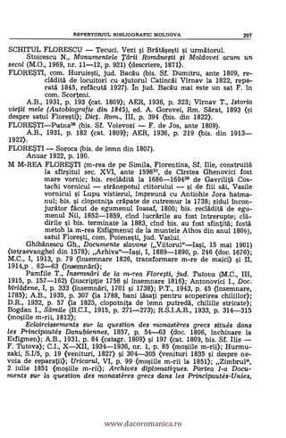 REPERTORIUL BIBLIOGRAFIC MOLDOVA 297
SCHITUL FLORESCU - Tecuci. Vezi si Bratäsesti si urmatorul.
Stoicescu N., Monumentele Tdrii Romdnesti i Mo/dovei acum un
secol (M.O., 1969, nr. 11-12, p. 921) (descriere, 1871).
FLORESTI, com. Huruiesti, jud. Bacdu (bis. Sf. Dumitru, ante 1809, re-
clddità de locuitori cu ajutorul Catincdi Virnav la 1822, repa-
rat& 1845, refacutà. 1927). In jud. Bacdu mai este un sat F. In
com. Scorteni.
A.B., 1931, p. 193 (cat. 1809); AER, 1936, p. 323; Virnav T., Istoria
vietii mele (Autobiografie din 1845), ed. A. Gorovei, Rm. &drat, 1893 (i
despre satul Floresti); Dict. Rom., III, p. 394 (bis. din 1822).
FLORE*TI-Putna38 (bis. Sf. Voievozi - F. de Jos, ante 1809).
A.B., 1931, p. 182 (cat. 1809); AER, 1936, p. 219 (bis. din 1913-
1922).
FLORESTI - Soroca (bis. de lemn din 1807).
Anuar 1922, p. 190.
M M-REA FLORESTI (m-rea de pe Simila, Florentina, Sf. lije, construita
la sfirsitul sec. XVI, ante 159837, de Cirstea Ghenovici fost
mare vornic; bis. reclAdità la 1686-169438 de Gavrilitä Cos-
tachi vornicul - stränepotul ctitorului - si de fiii säi, Vasile
vornicul i Lupu vistierul, impreund cu Antiohie Jora hatma-
nul; bis. si clopotnita crapate de cutremur la 1738; zidul incon-
jurator facut de egumenul Ioasaf, 1800; bis. reclAdità de egu-
menul Nil, 1852-1859, cind lucrdrile au fost intrerupte;
dirile si bis. terminate la 1883, chid bis. au fost sfintità; fostä
metoh la m-rea Esfigmenul de la muntele Athos din anul 1806),
satul Floresti, com. Poienesti, jud. Vaslui.
Ghibanescu Gh., Documente s/avone (Viitorul"-Iasi, 15 mai 1901)
(tetraevanghel din 1578); Arhiva"-Iasi, I, 1889-1890, p. 246 (doc. 1676);
M.C., I, 1913, p. 79 (insemnare 1826, transformare m-re de maici) si II,
1914,p . 62-63 (insemnAni);
Pamfile T., Insemndri de la m-rea Floresti, jud. Tutova (M.C., III,
1915, p. 157-162) (inscriptie 1756 si insemnare 1816); Antonovici I., Doc.
birlddene, I, p. 333 (insemndri, 1701 si 1738); P.T., 1943, p. 45 (insemnare,
1785); A.B., 1935, p. 307 <la 1788, bani läsati pentru acoperirea
D.R., 1932, p. 57 (la 1825, clopotnita de lemn putredd, chiliile stricate);
Bogdan I., &finite (B.C.I., 1915, p. 271-273); R.S.I.A.B., 1933, p. 314-315
(mosiile m-rii, 1812);
Eclaircissements sur la question des mon,astères grecs situés dans
les Principautés Danubiennes, 1857, p. 54-63 <doc. 1806, inchinare la
Esfigmen); A.B., 1931, p. 84 (catagr. 1809) si 197 (cat. 1809, bis. Sf. Ilie -F. Tutova); C.I., X-XII, 1934-1936, nr. 1, p. 85 (mosiile Hurmu-
zaki, S.I/5, p. 19 (venituri, 1827) si 304-305 (venituri 1835 si despre ne-
voia de reparatii); Uricarul, VI, p. 99 (mosiile m-rii la 1851); Zimbrul",
2 iulie 1851 (mosiile m-rii); Archives diplomatiques. Partea I-a Docu-
ments sur la question des monastères grecs dans les Principautés-Unies,
www.dacoromanica.ro
 
