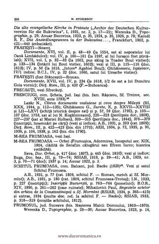 Die alte evangelische Kirche in Fratautz (Archiv der Deutschen Kultur-
vereins Air die Bukowina", I, 1931, nr. 2, p. 17-21); Werenka D., Topo-
graphie, p. 29; Anuar Bucovina, 1923, p. 35, 1924, p. 35, 1926, p. 78; Kaindl
R. F., Das Ansiedlungzwesen in der Bukowina . . . , Franckfurt, 1902, p.
421-440 (colonizari).
FRAWESTI-Neamt.
Documente, XVI, vol. II, p. 48-49 (la 1554, sat al nepoatelor lui
Oana Limbadulce); vol. IV, p. 160-161 <la 1597, al lui Iurasco fost pirca-
lab); XVII, vol. I, p. 32-33 (la 1602, pus zalog la Toader Boul vistier);
p. 133-134 (Intarit lui Boul vistier, 1603); vezi si III, p. 115-116 <doc.
1613); IV, p. 50 <la 1616, Intors" Agahiei Bou»; Ghibanesecu, Ispisoace,
IV/1 indice; B.C.I., IV, p. 22 (doc. 1660, satul lui Ursache vistier).
FRAfTESTI (fost Stancesti)-Roman.
Documente, XVII, vol. IV, p. 234 <la 1618, 1/2 de sat a lui Dumitru
Goia vornic); Dic. Rom., III, p. 420 (F.-Buhoanca).
FRECAUTI, vezi Sfrecauti.
FRENCIUGI, com. *cheia, jud. Iasi (bis. fam. Rascanu, Sf. Treime, sec.
XVIII, ante 1783).44
Lazar N., Citeva documente vasluiene .si ceva despre Milegi (RI,
XXX, 1944, p. 112-135); Ghibanescu G., Surete, X, p. XXVII-XXVIII
si LII-LXVI (schita istorica despre sat) si p. 57, 59 (doc. 1795), p. 105-
107 (doc. 1753, sat al lui N. Kogalniceanu), 220-223 (perilipsis doc., 1808),
227-237 (sat al Mariei Holban), 309-315 (perilipsis doc., 1844), 376-379
(inscriptii, insemndri pe cart» (vezi si indice); A.B., 1931, p. 203 (cat. 1809);
Dic. Rom., III, p. 422-423 (bis. din 1770); AEH, 1934, p. 72, 1935, p. 96,
1936, p. 104, 1938, p. 162 (bis. din 1790).
M-REA FRUMOASA, vezi Iasi.
M-REA FRUMOASA - Orhei (Frumusica, Adormirea, inceputul sec. XIX,
1804, cladita de Serafim Calugarul sau Efrem Iurco; biserica
reclädita).
Saya, Doc. Orhei, p. 417 (doc. 1807), p. 445 (doc. 1810); vezi si indice;
Boga, Doc. bas., III, p. 73-74; RSIAB, 1919, p. 39-41; A.B., 1929, nr.
3, p. 70-71 <doc); 1937 p. 14; Anuar 1922, p. 3.
SCHITUL FRUMOASA, com. Balcani, jud. Bacau (1820)45. Vezi si satul
Schitul Frumoasa.
A.B., 1931, p. 77 (cat. 1809, schitul F. - Roman, metoh al Sf. Mor-
mint); A.B., 1931, p. 180 (cat. 1809, schitul Frumoasa-Trotus); I.N., 1933,
p. 227 (inscriptii); /nscriptii Bucuresti, p. 763-764 (pomelnic); B.O.R.,
XIV, 1890, p. 261-262 <case ruinate); Mihailovici Paul, Regestele actelor
din arhiva de la Constantinopol a Sf. Mormint (RSIAB, 1934, p. 365-415)
si extras, 1934 (multe doc. ref. la schitul F. - Bacau); RSIAB, 1933,
p. 318-319 (mosidie schitului, 1812).
FRUMOSUL, jud. Suceava (bis. Nasterea Maicii Domnului, 1863-1870).
Werenka D., Topographie, p. 29-30; Anuar Bucovina, 1923, p. 14,
300 N. STOICESCU
www.dacoromanica.ro
 