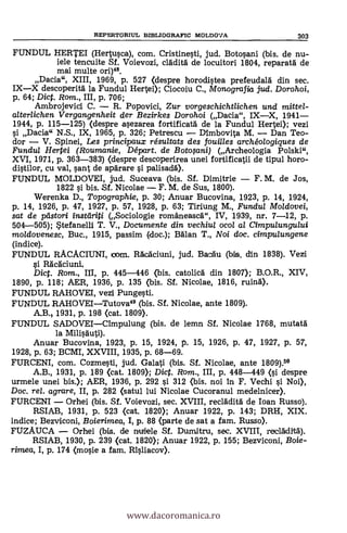 REPERTORrUL BIBLIOGRAFIC moLoova 303
FUNDUL HERTEI (Hertusca), com. Cristinesti, jud. Botosani (bis. de nu-
iele tencuite Sf. Voievozi, cladita de locuitori 1804, reparatä de
mai multe ori)48.
Dada", XIII, 1969, P. 527 (despre horodistea prefeudala din sec.
IX-X descoperita la Fundul Hertel); Ciocoiu C., Monografia sud. Dorohoi,
p. 64; Dict. Rom., M, p. 706;
Ambrojevici C. - R. Popovici, Zur vorgeschichtlichen und mittel-
alterlichen Vergangenheit der Bezirkes Dorohoi (Dacia", IX-X, 1941-
1944, p. 115-125) (despre asezarea fortificata de la Fundul Hertei); vezi
si Dacia" N.S., IX, 1965, p. 326; Petrescu - Dimbovita M. - Dan Teo-
dor - V. Spinei, Les principaux résultats des fouilles archéologiques de
Fundul Hertei (Roumanie, Départ. de Botofani) (Archeologia Polski",
XVI, 1971, p. 363-383) (despre descoperirea unei fortificatii de tipul horo-
distilor, cu val, sant de aparare si palisadä.).
FUNDUL MOLDOVEI, jud. Suceava (bis. Sf. Dimitrie - F. M. de Jos,
1822 si bis. Sf. Nicolae - F. M. de Sus, 1800).
Werenka D., Topographie, p. 30; Anuar Bucovina, 1923, p. 14, 1924,
P. 14, 1926, p. 47, 1927, p. 57, 1928, p. 63; Tiriung M., Furidul Moldovei,
sat de ptistori instdriti (Sociologie romaneasca", IV, 1939, nr. 7-12, P.
504-505); *tefanelli T. V., Documente din vechiul ocol al Cimpulunguiui
moldovenesc, Buc., 1915, passim (doc.); Man T., Noi doc. cimpulungene
(indice).
FUNDUL RACACIUNI, loom. Raicaciuni, jud. Bacau (bis. din 1838). Vezi
si Racaciuni,
Dic. Rom., III, P. 445-446 (bis. catolica din 1807); B.O.R., XIV,
1890, p. 118; AER, 1936, p. 135 (bis. Sf. Nicolae, 1816, ruina).
FUNDUL RAHOVEI, vezi Pungesti.
FUNDUL RAHOVEI-Tutove (bis. Sf. Nicolae, ante 1809).
A.B., 1931, P. 198 (cat. 1809).
FUNDUL SADOVEI-Cimpulung (bis. de lemn Sf. Nicolae 1768, mutata
la Milisauti).
Anuar Bucovina, 1923, p. 15, 1924, p. 15, 1926, P. 47, 1927, p. 57,
1928, p. 63; BCMI, XXVIII, 1935, p. 68-69.
FURCENI, com. Cozmesti, jud. Galati (bis. Sf. Nicolae, ante 1809).5°
A.B., 1931, p. 189 (cat. 1809); Dic. Rom., III, p. 448-449 (si despre
urmele unei bis.); AER, 1936, p. 292 si 312 (bis. noi in F. Vechi si Noi),
Doc, rel. agrare, II, p. 282 (satul lui Nicolae Cucoranul medelnicer).
FURCENI - Orhei (bis. Sf. Voievozi, sec. XVIII, recladita de loan Russo).
RSIAB, 1931, p. 523 <cat. 1820); Anuar 1922, p. 143; DRH, XIX.
indice; Bezviconi, Boierimea, I, p. 88 <parte de sat a fam. Russo).
FUZAUCA - Orhei (bis. de nuiele Sf. Durnitru, sec. XVIII, reicladitä).
RSIAB, 1930, p. 239 (cat. 1820); Anuar 1922, p. 155; Bezviconi, Boie-
rimea, I, p. 174 <mosie a fam. Risliacov>.
www.dacoromanica.ro
 