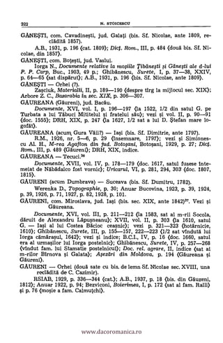 GANESTI, com. Cavadine#i, jud. Galati (bis. Sf. Nicolae, ante 1809, re-
cladità 1857).
A.B., 1931, p. 196 (cat. 1809); Dic. Rom., III, p. 484 (douà bis. Sf. Ni-
colae, din 1857).
GANESTI, com. Boteqti, jud. Vaslui.
Iorga N., Documente relative la mofiile Tilidnefti # GamOi ale d-lui
P. P. Carp, Buc., 1903, 49 p.; GhibAnescu, Surete, I, p. 37-38, XXIV,
p. 64-65 (sat disparut); A.B., 1931, p. 196 (bis. Sf. Nicolae, ante 1809).
GANESTI - Orhei (?).
Zaaciuk, Materialii, II, p. 189-190 (despre tirg la mijlocul sec. XIX);
Arbore Z. C., Basarabia in sec. XIX, p. 306-307.
GAUREANA (Gäureni), jud. Bacdu.
Documente, XVI, vol. I, p. 196-197 (la 1522, 1/2 din satul G. pe
Turbata a lui Tabuci Mititelul 0 fratelui sa-u); vezi 0. vol. II, p. 90-91
(doc. 1555); DRH, XIX, p. 247 <la 1627, 1/2 sat a lui D. Stefan mare lo-
gorát).
GAUREANA (acum, Gura Vail?) - Iaai (bis. Sf. Dimitrie, ante 1797).
R.M., 1926, nr. 5-6, p. 29 (insemnare, 1797); vezi si Simiones-
cu Al. H., M-rea Agafton, din jud. Botwani, Boto§ani, 1929, p. 27; Dict.
Ram., III, p. 489 (Gdureni); DRH, XIX, indice.
GAUREANA - Tecuci.3°
Documente, XVII, vol. IV, p. 178-179 (doc. 1617, satul fusese inte-
meiat de Nàbadaico fost vornic); Uricarul, VI, p. 281, 294, 303 (doc. 1807,
1815).
GAURENI (acum Dumbrava) - Suceava (bis. Sf. Durnitru, 1782).
Werenka D., Topographie, p. 30; Anuar Bucovina, 1923, p. 39, 1924,
p. 39, 1926, p. 71, 1927, p. 82, 1928, p. 101.
GAURENI, com. Miroslava, jud. Ia0 (bis. sec. XIX, ante 1842)7. Vezi i
Gäureana.
Documente, XVI, vol. III, p. 211-212 (la 1583, sat al m-rii Socola,
däruit de Alexandru Läpuaneanu); XVII, vol. II, p. 303 (la 1610, satul
G. - Iaai al lui Costea Bacioc cea§nic); vezi p. 321-323 (hotarnicie,
1610); Ghibänescu, Surete, III, p. 155-157, 222-223 (1/2 sat vIndutd lui
Iorga cdmära011, 1642); vezi ai indice; B.C.I., IV, p. 16 (doc. 1660, satul
era al urma0lor lui Iorga postelnic); Ghibanescu, Surete, IV, p. 257-268
(vindut fam. lui Stamatie postelnicul); Doc. rel. agrare, II, indice (sat al
m-rilor Birnova §i Galata); .14eztiri din Moldova, p. 194 (Gäureana §i
Gaureni).
GAURENI - Orhei (douä sate cu bis. de lemn Sf. Nicolae sec. XVIII, una
reclädità de C. Ca.zimir).
RSIAB, 1929, p. 336-344 (cat.); A.B., 1937, p. 18 (bis. din Gauzeni,
1812); Anuar 1922, p. 94; Bezviconi, Boierimea, I, p. 172 (sat al fam. Rail»
0 p. 76 (mo0e a fam. Calmutchi).
322 N. STOICESCU
www.dacoromanica.ro
 