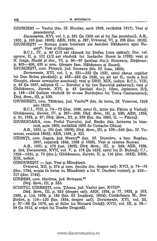 328 N. STOICESC.0
GIURGENI - Vaslui (bis. Sf. Nicolae, ante 1809, recladità 1917). Vezi si
precedentul.
Documente, XVI, vol. I, p. 591 (la 1550 sat al lui Sas postelnic); A.B.,
1931, p. 193 (cat. 1809); AER, 1936, p. 287; Uricarul, VI, p. 295 (doc. 1816).
GIURGETI - Roman (case boieresti ale familiei Häbäsescu apoi Ru-
set)57. Vezi si Giurgeni.
B.C.I., IV, p. 40 (1/2 sat ramasd lui *tefan Luca spdtar); Doc, rel.
agrare, II, p. 121 (1/2 sat vindutä lui Iordache Ruset la 1709); vezi si
N. Iorga, Studii fi doc., VI, p. 96-97 (acelasi doc.); Stoicescu, Dictionar,
p. 405-406, 436 si urm. (despre fam. Häbäsescu si Ruset).
GIURGETI, com. Plesesti, jud. Suceava (bis. Sf. loan, 1800).
Documente, XVI, vol. I, p. 331-332 (la 1531, satul rdmas copiilor
lui Dan Bolea pircdlab); p. 455-456 (la 1546, un alt sat G., unde a fost
Giurgiu, rdmas urmasilor acestuia); vezi s'i. DRH, XIX, indice; B.C.I., VIII,
p. 46 (la 1667, selistea G. - Dorohoi a lui Ion Racovitä paharnic); vezi si
GhibAnescu, Surete, XVI, p. 43 (acelasi doc.); Idem, Ispisoace, 11/2,
p. 148-154 (seliste vindutO de m-rea Burdujeni lui Toma Cantacuzino);
Dic. Rom., III, p. 539.
GIURGESTI, com. TatOmni, jud. Vaslui58 (bis. de lemn, Sf. Voievozi, 1818
sau 1823).
B.C.I., VIII, p. 74-75 <doc. 1690, satul G., intre tin. FOlciu si Vaslui);
Ghib.änescu, Surete, IV, p. 267-268; Dict. Rom., III, p. 538; AEH, 1934,
p. 51, 1935, p. 67; Dict. Rom., III, p. 539 (bis. din 1800, G. - Fälciu).
GIURGIOANA, com. Podul Turcului, jud. Bacdu (bis. Intrarea in bise-
rica, ante 1809, recladità 1865 de Costache Ghica).
A.B., 1931, p. 191 (cat. 1809); Dict. Rom., III, p. 539-540 (bis. Sf. Vo-
ievozi, rezidità 1865); AER, 1936, p. 321.
GIDINTI, com. Sagna, jud. Neamt58 (bis. Sf. Dumitru, a fam. Bogdan,
1807, reparatä 1840, 1908 g 1926). Vezi si cetatea Roman.
A.B., 1931, p. 176 (cat. 1809); Dicp. Rom., III, p. 549; AER, 1936,
p. 104; Documente, XVII, vol. V, p. 178 (la 1623, satul lui D. Buhus); C.T.,
1929-1931, p. 73 (doc.); Ghibänescu, Surete, II, p. 116 (doc. 1632); DRH,
XIX, indice.
GINGURE5T1 - Iasi. Vezi si Minzatesti.
Uricarul, XII, p. 274 si urm. (multe doc. despre sat); XVII, p. 74-76
(doc. 1784, mosia in hotar cu Minzatesti a lui V. Onofrei vistier), p. 216-
217 (doc. 1744).
GIRBENI, com. Havirna, jud. Botosani.8°
Dic. Rom., III, p. 553.
SCHITUL GIRBESTI, com. Tibana, jud. Vaslui (sec. XVII)".
Diet. Rom., III, p. 553 Wespre sat); AEH, 1934, p. 77, 1935, p. 103,
1936, p. 114, 1938, p. 180 (bis. Sf. Imparati, 1854); Costdchescu M., Doc.
$tefan, p. 119-120 (bis. 1854, despre sat); Documente, XVI, vol. III,
p. 97-98 <la 1578, sat al fiilor lui Nicoara Onitä); XVII, vol. III, p. 58-
59 (la 1612, al sotiei lui Toader Dragota).
www.dacoromanica.ro
 