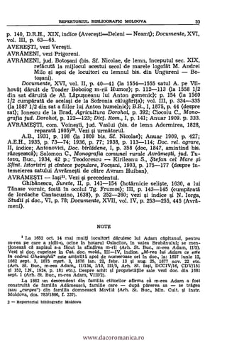 REPFRTORIUL BIBLIOGRAFIC MOLDOVA 33
p. 140, D.R.H., XIX, indice (Averesti----Deleni Neam); Documente, XVI,
vol. III, p. 63-65.
AVERE$T1, vezi Veresti.
AVRAMENI, vezi Prigoreni.
AVRAMENI, jud. Botosani (bis. SI. Nicolae, de lemn, Inceputul sec. XIX,
refacuta la mijlocul acestui secol de marele logofät M. Andrei
Milo si apoi de locuitori cu lemnul bis. din Ungureni Bo-
tosani).
Documente, XVI, vol. II, p, 40-41 (la 1554-1555 satul A. pe V11-
hovAt däruit de Toader Boboiog m-rii Humor); p. 112-113 (la 1558 1/2
din sat cläruitä de Al. Lapusneanu lui Anton gomenic); p. 154 (la 1560
1/2 cumpArata de acelasi de la Sofronia aluggrita); vol. III, p. 334-335
(la 1587 1/2 din sat a fiilor lui Anton htunelnic); B.R., I, 1875, p. 44 (despre
sat); Ionescu de la Brad, Agricultura Dorohoi, p. 392; Ciocoiu C., Mono-
grafía jud. Dorohoi, p. 122-123; Dict. Rom., I, p. 141; Anuar 1909. p. 333.
AVRAME*TI, com. Voinesti, jud. Vaslui (bis. de lemn Adormirea, 1828,
reparath 1905)". Vezi i urmatorul.
A.B., 1931, P. 198 (la 1809 bis. Sf. Nioolae); Amar 1909, P. 427;
A.E.H., 1935, p. 73-74; 1936, p. 77; 1938, p. 113-114; Doc. rel. agrare,
II, indice; Antonovici, Doc. bir/lidene, I, p. 358 (doe, 1847, amintind bis.
rAzeseasc0; Solomon C., Monografia comunei rurale Avrtimegi, jud. Tu-
tova, Buc., 1934, 42 p.; Teodorescu Kirileanu S., ,Ftefan ce/ Mare
Sfint. Istorisiri i cintece populare, Focsani, 1903, P. 175-177 (despre In-
temeierea satului Avrdmesti de cAtre Avram Huiban).
AVRAME.STI Ia.si31. Vezi çi precedentul.
Ghihanetscu, Surete, II, p. 141-154 (hotarnicie seliste, 1630, a lui
TAnase vornic, fostA In ocolul Tg, Frumos); III, p. 143-145 (cumpArata
de Iordache Cantacuzino, 1638), p. 252-260; vezi i indice si N. Iorga,
Studii fi doc., VI, p. 78; Documente, XVII, vol. IV, p. 253-255, 445 (Avrà-
meni).
NOTE
I La 1652 oct. 14 mai multi locuitori däruiesc lui Adam cApitanul, pentru
m-rea pe care a zidit-o, ocine in hotarul Osiacilor, in valea BrabAnului; se men-
tioneazA cA zapisul s-a fAcut la sfintirea m-rii (Arh. St. Buc., m-rea Adam, 11/5).
Vezi i doc. cuprinse in Cat, doc. mold., 1IIIV, indice. M-rea lui Adam ce este
In codrul Gheanghii" este amintit A apoi de numeroase ori in doc., la: 1657 iunie 12,
1662 isept. 3, 1675 mart. 3, 1676 ian. 22, febr. 13 i aug. 25, 1677 nov. 22 etc.
(Arh. St. Buc., m-rea Adam 11/134, 1/10, 111/5, Arh. St. Iaqi, DCCIV/16, CDV/151
si 152, I.N., 1924, p. 181 etc.). Despre schit i proprietAtile sale vezi doc. din 1681
sept. 1 (Arh. St. Buc., m-rea Adam, VIII/2).
La 1862 un descendent din familia ctitorilor afirma a m-rea Adam a fost
construitä de familia AdAmeascl, familie care dupA pArerea sa se trAgea
(sau curgea") din familia domneascA MovilA (Arh. St. Buc., Min. Cult. si Instr.
Moldova, dos. 783/1860, f. 237).
3 Repertoriul bibliografie Moldova
www.dacoromanica.ro
 