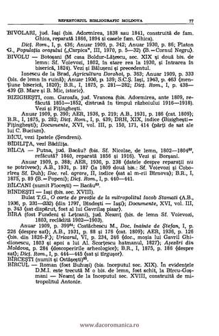 REPERTORIUL B1BLIOGRAFIC MOLDOVA 77
I3IVOLARI, jud. Iasi (bis. Adormirea, 1838 sau 1841, construitä de fam.
Ghica, reparatà 1866, 1894 si casele fam. Ghica).
Dic. Rom., I, p. 436; Anuar 1909, p. 342; Anuar 1930, P. 86; Platon
Populatia ora§ului (Carpica", III, 1970, p. 5-32) (B.-Cornul Negru).
BIVOLU - Botasani (M casa Boldur-Ldtescu, sec. XIX si doua bis. de
lemn: Sf. Voievozi, 1802, in stare rea la 1930, si Intrarea in
biserick 1824). Vezi si BAluseni si precedentul.
Ionescu de la Brad, Agricultura Dorohoi, p. 363; Anuar 1909, p. 333
(bis. de lemn in ruin); Anuar 1930, p. 139; S.C.. Iasi, 1943, p. 463 (men-
-tiune bisericä, 1820); B.R., I, 1875, p. 281-282; Dig. Rom., I, p. 438-
439 (B. Mare §i B. 1VIic, istoric).
BIZIGHESTI, com. Garoafa, jud. Vrancea (bis. Adormirea, ante 1809, re-
fkutà 1851-1852, distrusa in timpul räzboiului 1916-1918).
Vezi si Fitinghesti.
Anuar 1909, p. 390; AER, 1936, p. 219; A.B., 1931, p. 186 (cat. 1809);
B.R., I, 1875, p. 282; Dic. Rom., I, p. 439; DRH, XIX, indice (Bizighesti-
Fitinghesti); Documente, XVI, vol. III, p. 150, 171, 414 (pärti de sat ale
lui C. Bucium).
BICU, vezi Ipatele (Sendreni).
vezi Bädilita.
BILCA - Putna, jud. Bacdu? (bis. Sf. Nicolae, de lemn, 1802-180482,
refacutä? 1840, reparati 1856 si 1916). Vezi si Borsani.
Anuar 1909, p. 388; AER, 1936, p. 238 (datele despre reparatii nu
se potrivesc); A.B., 1931, p. 187 (la 1809 data& bis.: Sf. Voievozi si Cobo-
rirea Sf. Duh); Doc, rel. agrare, II, indice (sat al m-rii Birnova); B.R., I,
1875, p. 89 (B. -Popeni); Dict. Rom., I, p. 440-441.
BILCANI (numit Flocesti) - BacAu83.
BINDESTI - Iasi (bis. sec. XVIII).
Bulat T.G., 0 carte de preotie de la mitropolitul lacob Stamati (A.B.,
1936, p. 31-I232) (din 1797, Bindesti - Iasi); Documente, XVI, vol. III,
p. 343 (sat dispArut, fast al lui Gavrilas pisar).
BIRA (lost Fundeni si Letcani), jud. Neamt (bis. de lemn Sf. Voievozi,
1803, recladità 1902-1903).
Anuar 1909, p. 39984; CostAchescu M., Doc. inainte de te fan, I, p.
226 (despre sat); A.B., 1931, P. 88 si 176 (cat. 1809); AER, 1936, p. 126
{bis. din 1826-F.); Uricarul, VI, p. 234, 246 (doc., mosia lui Gavril Ghi-
,dionescu, 1803 si apoi a lui Al. Scortescu hatmanul, 1827); A. eztiri din
Mo/clova, p. 284 (clescoperirile arheologice); B.R., I, 1875, p. 186 (despre
sat); Diet. Rom., I, p. 444-445 (sat si tirgusor).
BIRCESTI (numit çi OstAsesti)88.
BIRCUL - Roman (fost Buhusi) (bis. inceputul sec. XIX). In evidentele
D.M.I. este trecutä M o bis, de lemn, fost schit, la Bircu-Gos-
mani - Neaant de la inceputul sec. XVIII, construit'd de mi-
tropolitul Antonie.
www.dacoromanica.ro
 