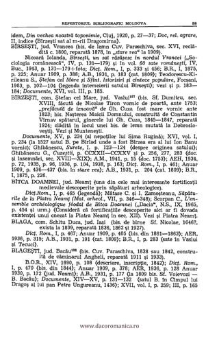 REPERTORIUL BIBLIOGRAFIC MOLDOVA 89
idem, Din vechea noastril toponimie, Cluj, 1920, P. 27-37; Doc, rel. agrare,
II, indice (Birzesti sat al m-rii Dragomirna).
BIRSETI, jud. Vrancea (bis. de lemn Cuy. Paraschiva, sec. XVI, recla-
ditä. c. 1800, reparatä 1878, in stare rea" la 1909).
Nicoarä blanda, Birse$ti, un sat reizti$esc In nordul Vrancei (So-
ciologia romdneased", IV, p. 131-179) si in vol. 60 sate romdnegi, IV,
Buc., 1943, p. 131-179±foto; Diet. Rom., I, p. 333 si 456; B.R., I, 1875,
p. 225; Anuar 1909, p. 388; A.B., 1931, p. 183 <cat. 1809); Teodorescu-Ki-
rileanu S., ,Ftefan cel Mare $i Sfint. Istorisiri $i cintece populare, Focsani,
1903, p. 102-104 (legenda intemeierii satului Birsesti); vezi si. p. 183-
184; Documente, XVI, vol. III, p. 185.
BIRZESTI, com. tef an eel Mare, jud. Vasluil" (bis. SI. Dumitru, sec.
XVIII, fäcutä. de Nicolae Tiron vornic de poartä, ante 1753;
prefeicutti de iznoavei" de Gh. Cuza fost mare vornic ante
1823; bis. Nasterea Maicii Domnului, construitä de Constantin
Virnay spdtarul, ginerele lui Gh. Cuza, 1845-1847, reparatä
1924; clädità in locul unei bis. de lemn mutatà la Dobroslo-
vest). Vezi si Muntenesti.
Documente, XV, p. 234 (al nepotilor lui Sima Ruginä); XVI, vol. I,
p. 234 (la 1527 satul B. pe Birlad unde a fost Birzea era al lui Ion Banu
vornic); Ghibänescu, Surete, I. p. 123-124 (despre originea satului);
Ghibänescu G., Cuzegii, p. CCXXII-CCXXV si. p. 256, 277, 283 <doc.
si insemnäri, sec. XVIII-XIX); A.M., 1941, p. 15 (doc. 1753); AEH, 1934,
p. 72, 1935, p. 96, 1936, p. 104, 1938, p. 163; Diet. Rom., I, p. 461; Anuar
1909, p. 436-437 (bis. in stare rea); A.B., 1931, p. 204 <cat. 1809); B.R.,
I, 1875, p. 226.
BITCA DOAMNEI, jud. Neamt (runa din cele mai interesante fortificatii
medievale descoperite prin sapäturi arheologiee).
Dict.Rom., I, p. 465 (legendä); Mätase C. s'i. I. Zamosteanu, Sdplitu-
rile de la Piatra Neamt (Mat. arheol., VII, p. 346-348); Scorpan C., L'en-
semble archéologique féodal de Bitca Doamnei (Dacia", N.S., IX, 1965,
p. 454 s'i urm.) (Considerà ed fortificatiile descoperite aici ar fi dovada
existentei unui cnezat la Piatra Neamt in sec. XII). Vezi si. Piatra Nearnt.
BLAGA, com. Schitu Duca, jud. Iasi (bis. de birne Sf. Nicolae, 1646?,
exista la 1809, reparatä: 1836, 1862 si 1927).
Dic. Rom., I, p. 467; Anuar 1909, p. 405 (bis. din 1861-1863); AER,
1936, p. 315; A.B., 1931, P. 191 (cat. 1809); B.R., I, p. 283 (sate In Vaslui
si Tecuci).
BLAGETI, jud. Bacaul°8 (bis. Cuy. Paraschiva, 1838 sau 1842, constru-
itä de edminarul Angheli, reparatä. 1911 si. 1933).
B.O.R., XIV, 1890, p. 108 (descriere, inscriptie, 1842); Dict. Rom.,
I, p. 470 (bis. din 1844); Anuar 1909, p. 378; AER, 1936, p. 128 Anuar
1930, p. 172 (jud. Neamt); A.B., 1931, p. 177 <la 1809 bis. Sf. Voievozi -B. Baedu); Documente, XIV-XV, p. 131-132 <satul B. in Cimpul lui
Drago s al lui pan Petre Ungureanu, 1436); XVII, vol. I, p. 259; III, p. 165
www.dacoromanica.ro
 