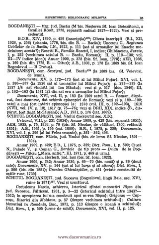 BOGDANE$TI tirg, jud. Bacäu (M bis. Nasterea SI. loan Botezatorul, a
familiei Roset, 1778, reparatä radical 1927-1929). Vezi si pre-
cedentul.
B.O.R., XIV, 1890, p. 459 (inscriptia)125; Meya inscriptii (R.I., XII,
1926, p. 256) (pisania, 1778, (bis. din B. Bacau); Uncescu C., Regiunea
Cobilelor de la Bactlu; I.N., 1923, p. 111 (sat al urma.silor lui Enache me-
delnicer; acesta?); Rosetti R., Familia Rosetti, I, indice; Ghibánescu, Surete,
I, p. 252 (vechimea satului B. Bacdu, Roman); II, p. 119-130; vol.
IIIIV indice (doc.); Anuar 1909, p. 378 (bis. Sf. loan, 1778); AER, 1936,
p. 169 (bis. din 1775, B. Oituz); A.B., 1931, p. 178 (la 1809 bis. Sf. loan
Bogoslovul B Trotus).
BOGDANEUI, com. Scorteni, jud. Bacau126 (la 1809 bis. Sf. Voievozi,
de lemn).
Documente, XV, p. 172-173 (sat al lui Mihul Foja* XVI, vol. I,
p. 386-387 (la 1536 sat al urmasilor lui Mihul Pojar); p. 388-389 (la
1537 1/4 sat vindutá lui Ion MdcAu); vezi si p. 517 (doc. 1546); III,
p. 162-163 (la 1581 1/2 din sat era a urmasilor lui Mihul Pojar);
Documente, XVI, vol. II, p. 183 (la 1569 satul B. Roman, dispä-
rut, fost ciomnesc, dat schimb episcopiei de Roman); vezi si p. 189-190;
satul a mai fost intärit episcopiei la: 1578 (vol. III, p. 102-103), 1616
(XVII, vol. IV, p. 18), 1617 (p. 75-76); vezi si DRH, XIX, indice (B., dis-
pärut, fost lingá Miclausani); A.B., 1931, p. 176 (cat. 1809).
SCHITUL BOGDANESTI, jud. Vaslui (Inceputul sec. XIX).
Uricarul, VIII, p. 231 (1834); Anuar 1909, p. 428 (bis. reparatä 1851);
AEH, 1935, p. 75, 1936, p. 79 (bis. SI. Nicolae, de välätuci, 1700, refäcutä
1851); A.B., 1931, p. 199 (oat. 1809); B.R., I, 1875, p. 330; Documente,
XVI, vol. I, p. 296 (al lui Felea ceasnic), p. 361-362, 496.
BOGDANE,STI, com. Fälciu, jud. Vaslui kbis. de lemn Sf. Nicolae, 1801
1804).
Anuar 1909, p. 420; B.R., I, 1875, p. 329; Dict. Rom., I, p. 500; Ciucl
N., Palade V. si Coman G., Bordeie de tip proto Dridu de la Bog-
danegi Fillciu (Mem. antiq.", III, 1971, p. 469 si urm.).
BOGDANESTI, cam. Horlesti, jud. Iasi (bis. SI. loan, 1822).
Anuar 1909, p. 342; Anuar 1930, p. 69-70 (bis. noud) si p. 86 (douk
sate); Documente, XV, p. 144 (sat al lui Iursa si al altora); Dict. Rom., I,
p. 500 (bis. din 1881); Cronica Ghicu/e,sti/or, p. 451 (cetate construitä de
ostile ruse, 1739).
SCHITUL BOGDANESTI. jud. Suceava (Bogoslovul, lingá Baia, sec. XV?,
ruine la 1871)127. Vezi si urmátorul.
Cretulescu Narcis, arhiereu, Istoricul sfintei monastiri Rifca din
jud. Suceava, Falticeni, 1901, p. 3-22 (istoricul schitului Intre 1343?
1512; 'in apropierea lui s-a consbuit apoi m-rea Rica); Grigoras Cap-
rosu, Biserici din Mo/dova, p. 57 (despre vechimea schitului); Cultura
bizantina in Romania, Buc., 1971, p. 113 (despre o icoanä a schitului)
Dict. Ram., I, p. 505 (urme de schit); Documente, XVI, vol. II, p. 125.
REPERTORIUL BIBLIOGRAFIC MOLDOVA 95
www.dacoromanica.ro
 
