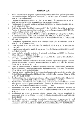 BIBLIOGRAFIE:
1. Bazele conceptuale ale pregătirii şi prezentării rapoartelor financiare, aprobate prin ordinul
Ministerului Finanţelor al Republicii Moldova nr.174 din 25.12.1997. În: Monitorul Oficial al
R.M., nr.88-91din 30.12.1997.
2. Codul fiscal al Republicii Moldova nr.1163-XIII din 24.04.97. În: Monitorul Oficial al R.M.,
ediţie specială din 08.02.2007, cu modificările şi completările ulterioare.
3. Codul muncii al Republicii Moldova nr.154 din 28.03.2003. În: Monitorul Oficial al R.M.,
nr.159-162 din 29.07.2003.
4. Hotărîrea Guvernului Republicii Moldova nr.1507 din 31.12.2008 Cu privire la aprobarea
Planului de dezvoltare a contabilităţii şi auditului în sectorul corporativ pe anii 2009-2014. În:
Monitorul Oficial al R.M., nr.10-11din 23.01.2009.
5. Hotărîrea Guvernului Republicii Moldova nr.426 din 26.04.2004 privind aprobarea Modului
de calculare a salariului mediu. În: Monitorul Oficial al R.M., nr.73-76 din 07.05.2004.
6. Legea contabilităţii nr.113-XVI din 27.04.2007. În: Monitorul Oficial al R.M., nr.90-93/399
din 29.06.2007.
7. Legea privind reglementarea valutară nr. 62-XVI din 21.03.2008. În: Monitorul Oficial al
R.M., nr.127-130 din 18.07.2008.
8. Legea salarizării nr.847 din 14.02.2002. În: Monitorul Oficial al R.M., nr.50-52/336 din
11.04.2002.
9. Legea bugetului asigurărilor sociale de stat pe anul 2014. În: Monitorul Oficial al R.M., nr.17-
23/50 din 24.01.2014.
10. Legea fondurilor asigurării obligatorii de asistenţă medicală pe anul 2013. În: Monitorul
Oficial al R.M, nr.17-23/50 din 24.01.2014
11. Legea cu privire la asigurări nr.407-XVI din 21.12.2006. În: Monitorul Oficial al R.M.,
nr.47-49/213 din 06.04.2007.
12. Normele pentru efectuarea operaţiunilor de casă în economia naţională a Republicii Moldova,
aprobate prin Hotărîrea Guvernului Republicii Moldova nr.764 din 25.11.1992. În: Monitorul
Oficial al R.M., nr.351 din 30.11.1992.
13. Planul de conturi contabile al activităţii economico-financiare a întreprinderii, aprobat prin
ordinul Ministerului Finanţelor al Republicii Moldova nr.174 din 25.12.1997. În Monitorul
Oficial al R.M., nr.93-96 din 30.12.1997.
14. Planul de conturi contabile al activităţii economico-financiară a întreprinderilor, aprobat prin
Ordinul Ministerului Finanţelor al RM nr.118 din 06.08.2013. În: Monitorul Oficial al R.M.,
nr. 233-237 din 22.10 2013.
15. Regulamentul privind inventarierea, aprobat prin ordinul Ministerului Finanţelor al Republicii
Moldova nr.60 din 29.05.2012. În Monitorul Oficial nr.166-169 din 10.08.2012.
16. Regulamentului privind deschiderea, modificarea şi închiderea conturilor la băncile licenţiate
din Republica Moldova, aprobat prin Hotărîrea Consiliului de administraţie al B.N.M. nr.297
din 25.11.2004. În Monitorul Oficial nr.218-223 din 03.12.2004.
17. Regulamentul cu privire la transferul de credit, aprobat prin Hotărîrea Consiliului de
administraţie al B.N.M. nr. 157 din 01.08.2013. În: Monitorul Oficial al R.M., nr. 191-197 din
06.09.2013.
18. Regulamentul cu privire la debitarea directă, aprobat prin Hotărîrea Consiliului de
administraţie al B.N.M. nr. 374 din 15.12.2005. În: Monitorul Oficial al R.M., nr.176-181/643
din 30.12.2005.
19. Regulamentul privind suspendarea operaţiunilor, sechestrarea şi perceperea în mod
incontestabil a mijloacelor băneşti din conturile bancare, aprobat prin Hotărîrea Consiliului de
administraţie al B.N.M. nr.375 din 15.12.2005. În Monitorul Oficial nr.1-4/6 din 06.01.2006.
 