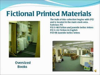 Fictional Printed Materials
              The bulk of this collection begins with (PZ)
              and is located in the main stack area.
              S ubclass PZ
              PZ(1)-90 Fiction and juvenile belles lettres
              PZ(1)-(4) Fiction in English
              PZ5-90 Juvenile belles lettres




  Oversized
   Books
 