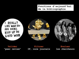 Fonctions d'aujourd'hui
                       de la bibliographie




   Valider           Filtrer            Evaluer
"peer review"   IF, core journals   les chercheurs
 
