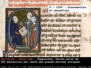 0 – 1500 : Transmettre
                                                               et perpétuer




Antiquité – Moyen Age : Hippocrate, Galien moins de
200 manuscrits par texte des grands maîtres antiques.
Avignon - BM - ms. 1019 - f. 069v - Rhazès enseignant les maladies de la tête jusqu'au pied Galenus ; Hippocrates, 1250
 