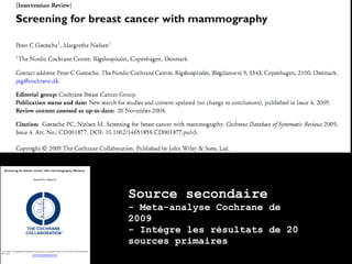 Source secondaire
- Meta-analyse Cochrane de
2009
- Intégre les résultats de 20
sources primaires
 