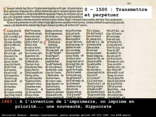 0 – 1500 : Transmettre
                                                               et perpétuer




1483 : A l'invention de l'imprimerie, on imprime en
     priorité... une nouveauté, Hippocrate
[Articella] Venezia : Hermann Liechtenstein, quarto kalendas apriles [29 III] 1483. via BIUM medic@
 