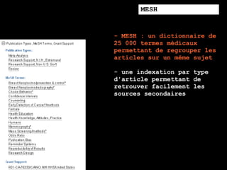 MESH


- MESH : un dictionnaire de
25 000 termes médicaux
permettant de regrouper les
articles sur un même sujet

- une indexation par type
d'article permettant de
retrouver facilement les
sources secondaires
 