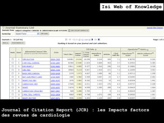 Isi Web of Knowledge




Journal of Citation Report (JCR) : les Impacts factors
des revues de cardiologie
 