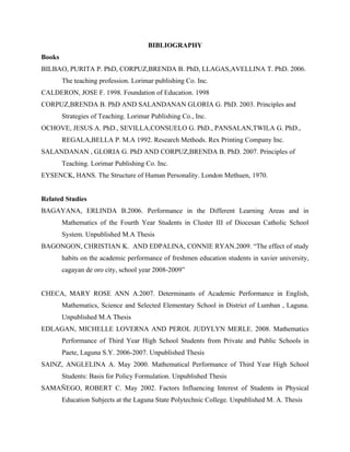 BIBLIOGRAPHY
Books
BILBAO, PURITA P. PhD, CORPUZ,BRENDA B. PhD, LLAGAS,AVELLINA T. PhD. 2006.
        The teaching profession. Lorimar publishing Co. Inc.
CALDERON, JOSE F. 1998. Foundation of Education. 1998
CORPUZ,BRENDA B. PhD AND SALANDANAN GLORIA G. PhD. 2003. Principles and
        Strategies of Teaching. Lorimar Publishing Co., Inc.
OCHOVE, JESUS A. PhD., SEVILLA,CONSUELO G. PhD., PANSALAN,TWILA G. PhD.,
        REGALA,BELLA P. M.A 1992. Research Methods. Rex Printing Company Inc.
SALANDANAN , GLORIA G. PhD AND CORPUZ,BRENDA B. PhD. 2007. Principles of
        Teaching. Lorimar Publishing Co. Inc.
EYSENCK, HANS. The Structure of Human Personality. London Methuen, 1970.


Related Studies
BAGAYANA, ERLINDA B.2006. Performance in the Different Learning Areas and in
        Mathematics of the Fourth Year Students in Cluster III of Diocesan Catholic School
        System. Unpublished M.A Thesis
BAGONGON, CHRISTIAN K. AND EDPALINA, CONNIE RYAN.2009. “The effect of study
        habits on the academic performance of freshmen education students in xavier university,
        cagayan de oro city, school year 2008-2009”


CHECA, MARY ROSE ANN A.2007. Determinants of Academic Performance in English,
        Mathematics, Science and Selected Elementary School in District of Lumban , Laguna.
        Unpublished M.A Thesis
EDLAGAN, MICHELLE LOVERNA AND PEROL JUDYLYN MERLE. 2008. Mathematics
        Performance of Third Year High School Students from Private and Public Schools in
        Paete, Laguna S.Y. 2006-2007. Unpublished Thesis
SAINZ, ANGLELINA A. May 2000. Mathematical Performance of Third Year High School
        Students: Basis for Policy Formulation. Unpublished Thesis
SAMAÑEGO, ROBERT C. May 2002. Factors Influencing Interest of Students in Physical
        Education Subjects at the Laguna State Polytechnic College. Unpublished M. A. Thesis
 