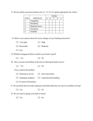 17. Service quality assessment (please tick ( ) 5, 4,3,2,1 against appropriate box where)
S.NO SERVICES
RANK
5 4 3 2 1
1. Tangibility
2. Reliability
3. Responsiveness
4. Assurance
5. Empathy
18. What is your opinion about the service charges of your banking transaction?
Very high High
Reasonable Moderate
Low
19. Whether mortgage facilities availed in your bank is good?
Yes No
20. Have you face any Problem at the time of utilizing the bank service?
Yes No
If yes, mention the problem
Delaying in service lack of procedure
Inadequate guidance Unprofessional handling
To much of formalities
21. Do you think that your bank employees and bank authorities are sincere in problem solving?
Yes No
22. Do you want to change your bank in future?
Yes No
 