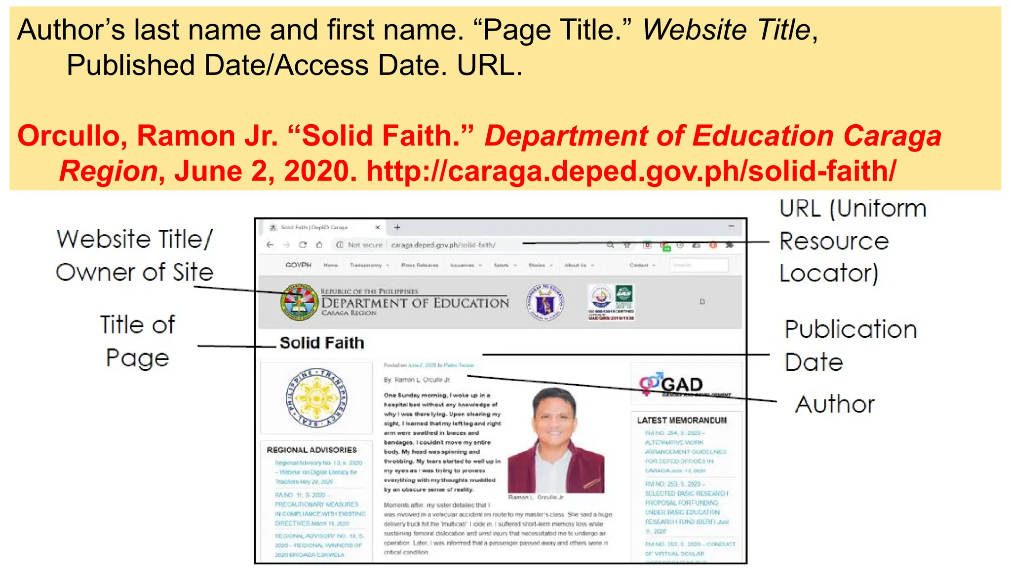 Author’s last name and first name. “Page Title.” Website Title,
Published Date/Access Date. URL.
Orcullo, Ramon Jr. “Solid Faith.” Department of Education Caraga
Region, June 2, 2020. http://caraga.deped.gov.ph/solid-faith/
 