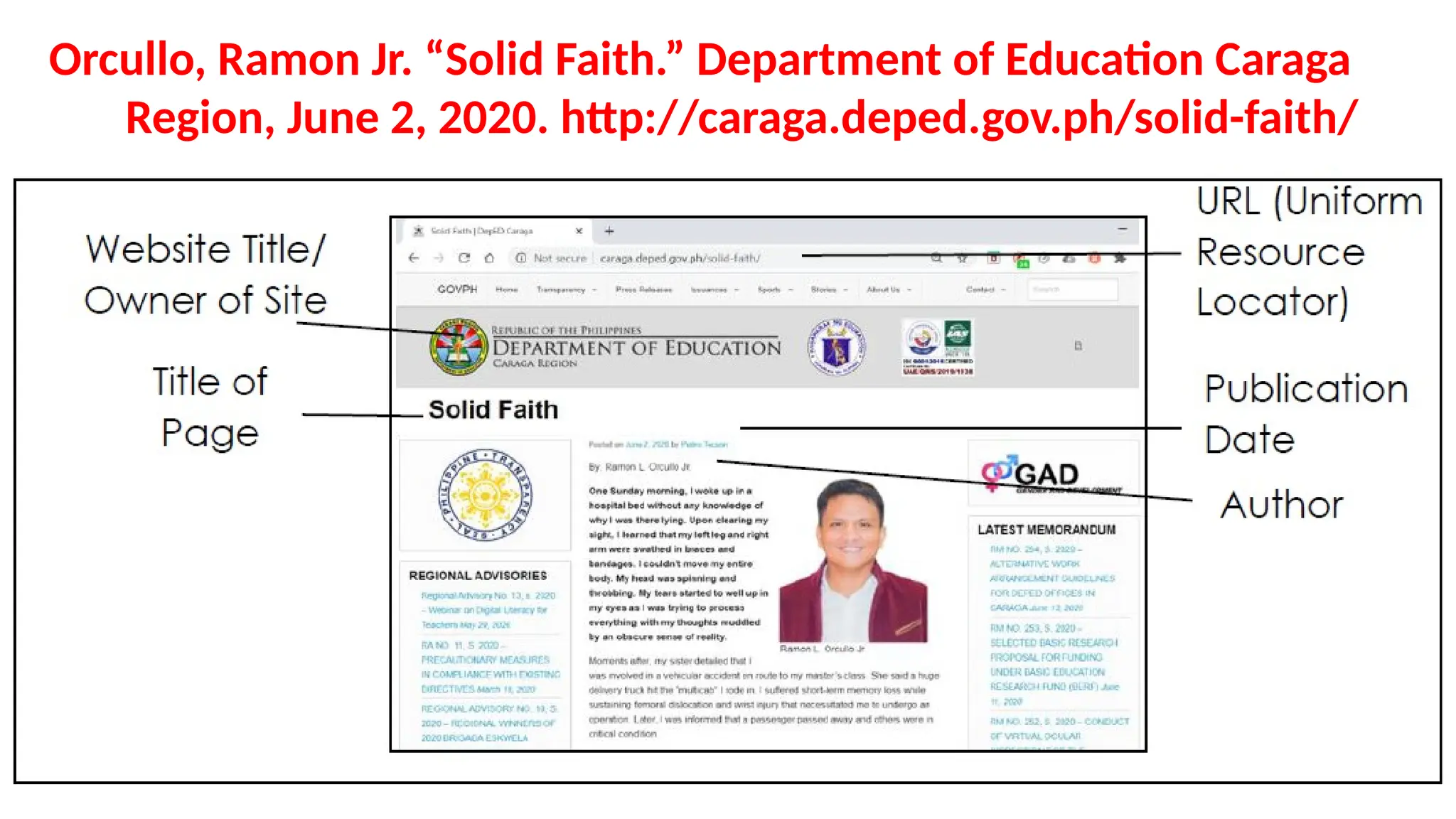 Orcullo, Ramon Jr. “Solid Faith.” Department of Education Caraga
Region, June 2, 2020. http://caraga.deped.gov.ph/solid-faith/
 