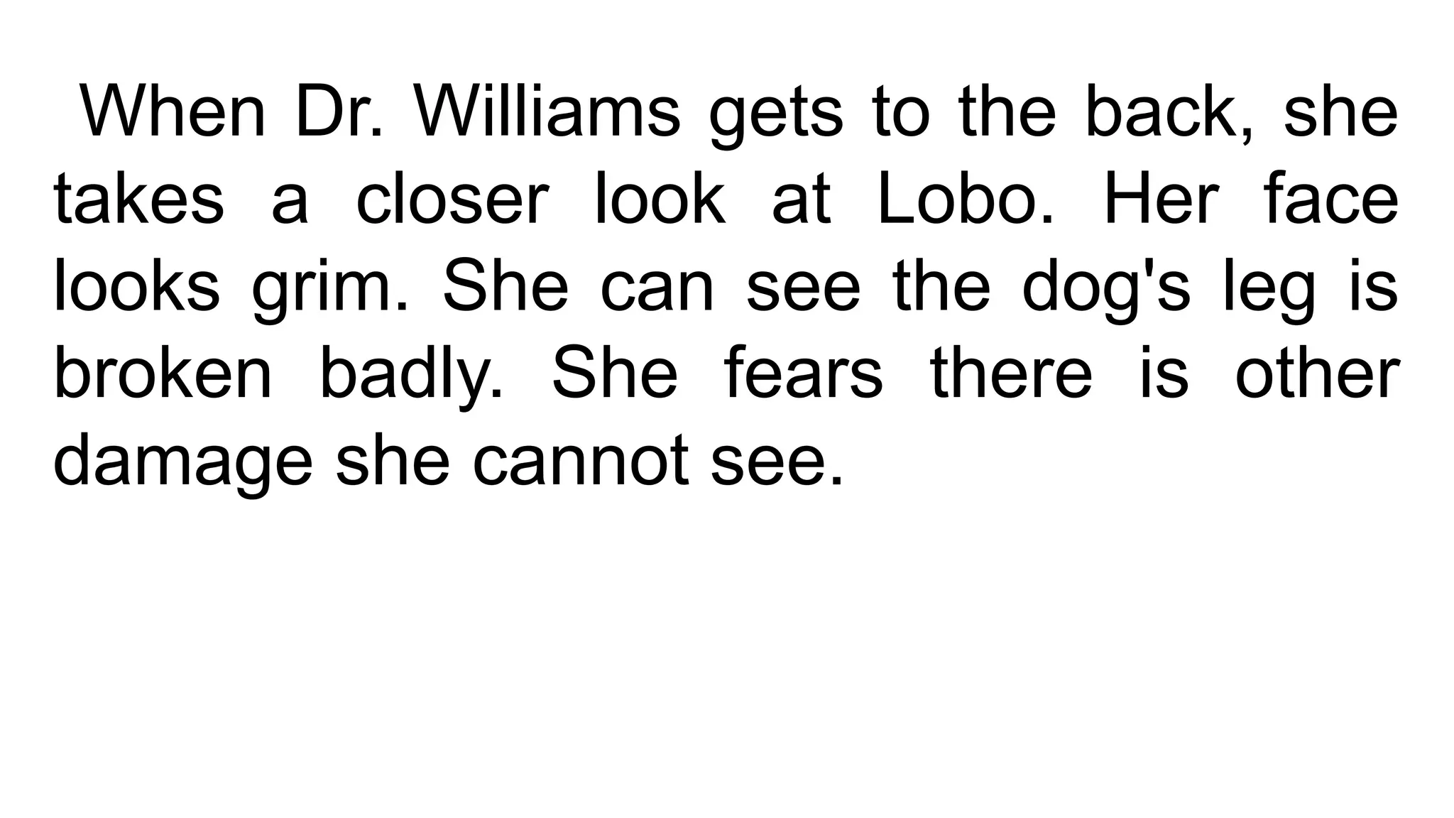 When Dr. Williams gets to the back, she
takes a closer look at Lobo. Her face
looks grim. She can see the dog's leg is
broken badly. She fears there is other
damage she cannot see.
 