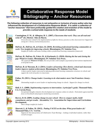 Collaborative Response Model
                       Bibliography – Anchor Resources
 The following collection of resources is not exhaustive or inclusive of every author who has
  influenced the development of a Collaborative Response Model. It is rather a collection of
 “anchor resources” that have profoundly guided the creation and evolution of the model to
                  provide a school-wide response to the needs of students.

            Cunningham, P. M., & Allington, R. L. (2007). Classrooms that work: They can all read and
            write (4th ed.). Boston: Allyn & Bacon.
                    Great direction related to the implementation of effective literacy practices at the classroom level. Support for
                    strong tier 1 literacy instructional practices.


            DuFour, R., DuFour, R., & Eaker, R. (2010). Revisiting professional learning communities at
            work: New insights for improving schools. Bloomington, IN: Solution Tree.
                    Insights for leaders and teams working within a professional learning communities framework.


            DuFour, R., DuFour, R., Eaker, R., & Karhanek, G. (2010). Raising the bar and closing the
            gap: Whatever it takes. Bloomington, IN: Solution Tree Press.
                    The sequel for Whatever It Takes, this text provides solid examples of pyramid of interventions implemented
                    at all grade levels.

            DuFour, R. & Marzano, R. J. (2011). Leaders of learning: How district, school and classroom
            leaders improve student achievement. Bloomington, IN: Solution Tree Press.
                    A must-read for leaders interested in infusing professional learning communities structures in schools and
                    support the work of teachers in classrooms.


            Fullan, M. (2011). Change leader: Learning to do what matters most. San Francisco: Jossey-
            Bass.
                    Outstanding insights to assist leaders in implementing change in schools. Support for change in schools.


            Hall, S. L. (2008). Implementing response to intervention: A principal’s guide. Thousand Oaks,
            CA: Corwin Press.
                    Exceptional thoughts related to the development of a response culture in schools. Particularly appreciated the
                    focus on benchmark and progress monitoring assessments.

            Reeves, D. B. (2009). Leading change in your school: How to conquer myths, build
            commitment, and get results. Alexandria, VA: Association for Supervision and Curriculum
            Development.
                    More change insights for leaders.

            Sharratt, L, & Fullan, M. (2012). Putting FACES on the data: What great leaders do!
            Thousand Oaks, CA: Corwin.
                    Support for the main premise of Collaborative Team Meetings – looking at individual students, rather than
                    overall averages.



Copyright Jigsaw Learning 2012                                                                 Bibliography – Anchor Resources
 