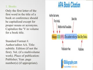 1. Books
Only the first letter of the
first word in the title of a
book or conference should
be capitalized except for
proper nouns or acronyms.
Capitalize the 'V in volume
for a book title.
Standard Format #.
Author/editor AA. Title:
subtitle. Edition (if not the
first). Vol. (if a multivolume
work). Place of publication:
Publisher; Year. page
number(s) (if appropriate).
 