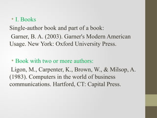 • I. Books
Single-author book and part of a book:
Garner, B. A. (2003). Garner's Modern American
Usage. New York: Oxford University Press.
• Book with two or more authors:
Ligon, M., Carpenter, K., Brown, W., & Milsop, A.
(1983). Computers in the world of business
communications. Hartford, CT: Capital Press.
 