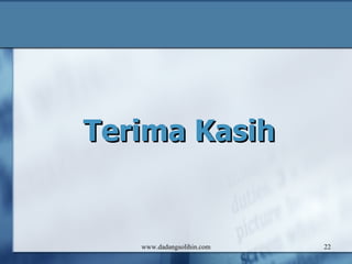 Law/Regulation www.dadangsolihin.com No Foundational Law/   Regulation   Contents  o f Assesments   17 Perpres 7/2005 tentang  Rencana Pembangunan Jangka Menengah Nasional  2004 – 2009  18 Kemenpan KEP/25/M.PAN/2/2004 tentang Indeks Kepuasan Masyarakat Unit Pelayanan Instansi Pemerintah  Tingkat kinerja unit pelayanan  19 Permendagri 6/2007 tentang  Standar Pelayanan Minimal  Monitoring  dan dievaluasi oleh pemerintah secara berkelanjutan  tentang  keberadaan sistem informasi, pelaporan dan evaluasi penyelenggaraan pemerintahan daerah yang menjamin pencapaian SPM.  