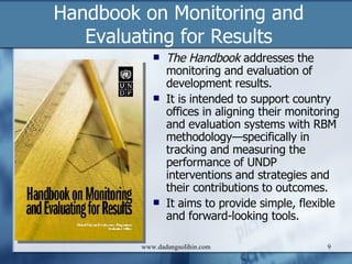 Bridging the Gap The role of monitoring and evaluation in evidence-based policy making The international community agrees that monitoring and evaluation has a strategic role to play in informing policy making processes. The aim is to improve relevance, efficiency and effectiveness of policy reforms.  Given this international community aim, why then is monitoring and evaluation not playing its role to its full potential? What are the factors, in addition to the evidence, influencing the policy making process and outcome? How can the uptake of evidence in policy making be increased?  These and other issues are analyzed in this publication. www.dadangsolihin.com 