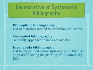 Enumerative or Systematic
Bibliography
Bibliophilic bibliography 
List of materials related to or for book collectors
Conc...